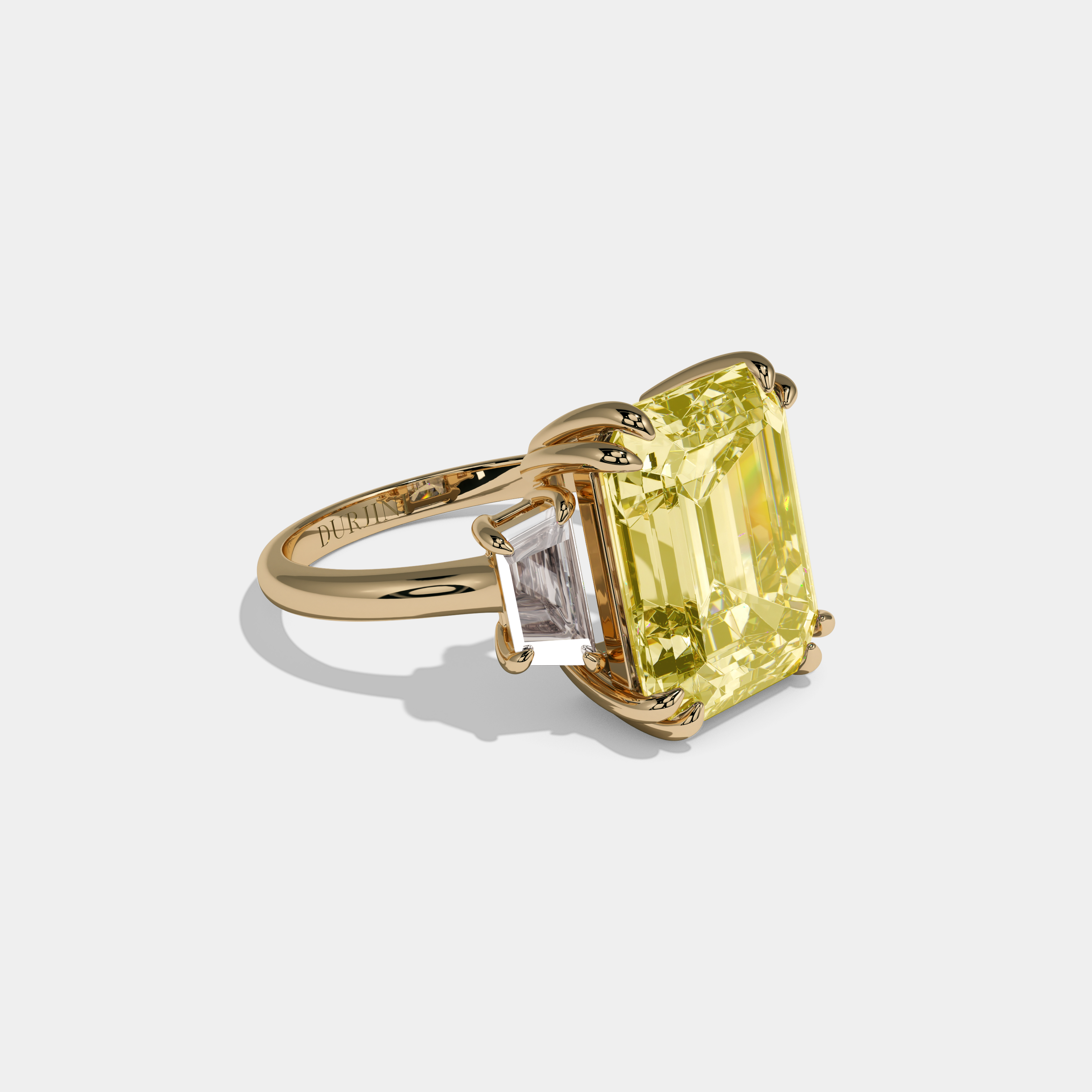 Elizabeth Fancy Yellow Emerald Cut Diamond Plain Band With Step Cut Sides Engagement Ring 8ct 18K Yellow Gold