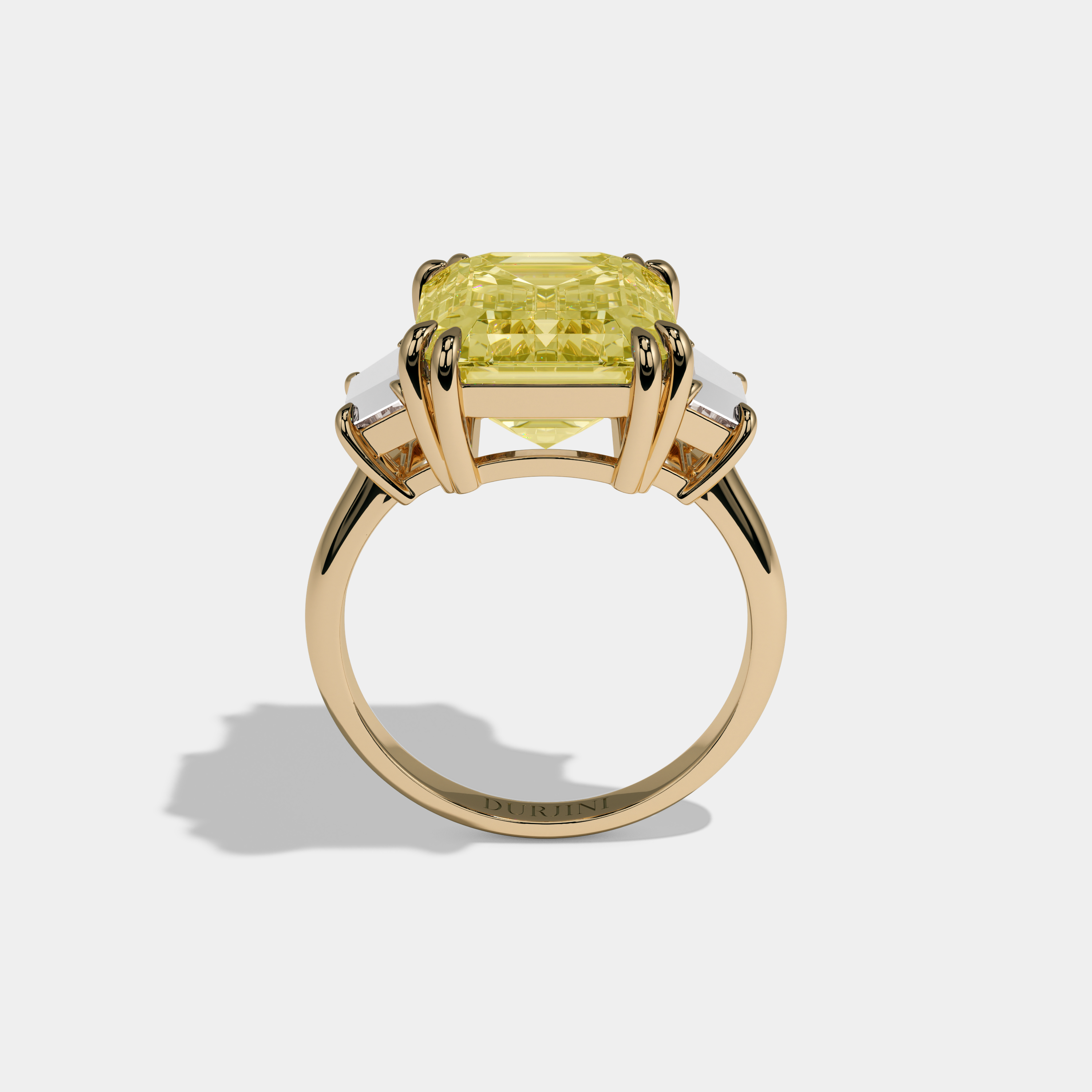 Elizabeth Fancy Yellow Emerald Cut Diamond Plain Band With Step Cut Sides Engagement Ring 8ct 18K Yellow Gold