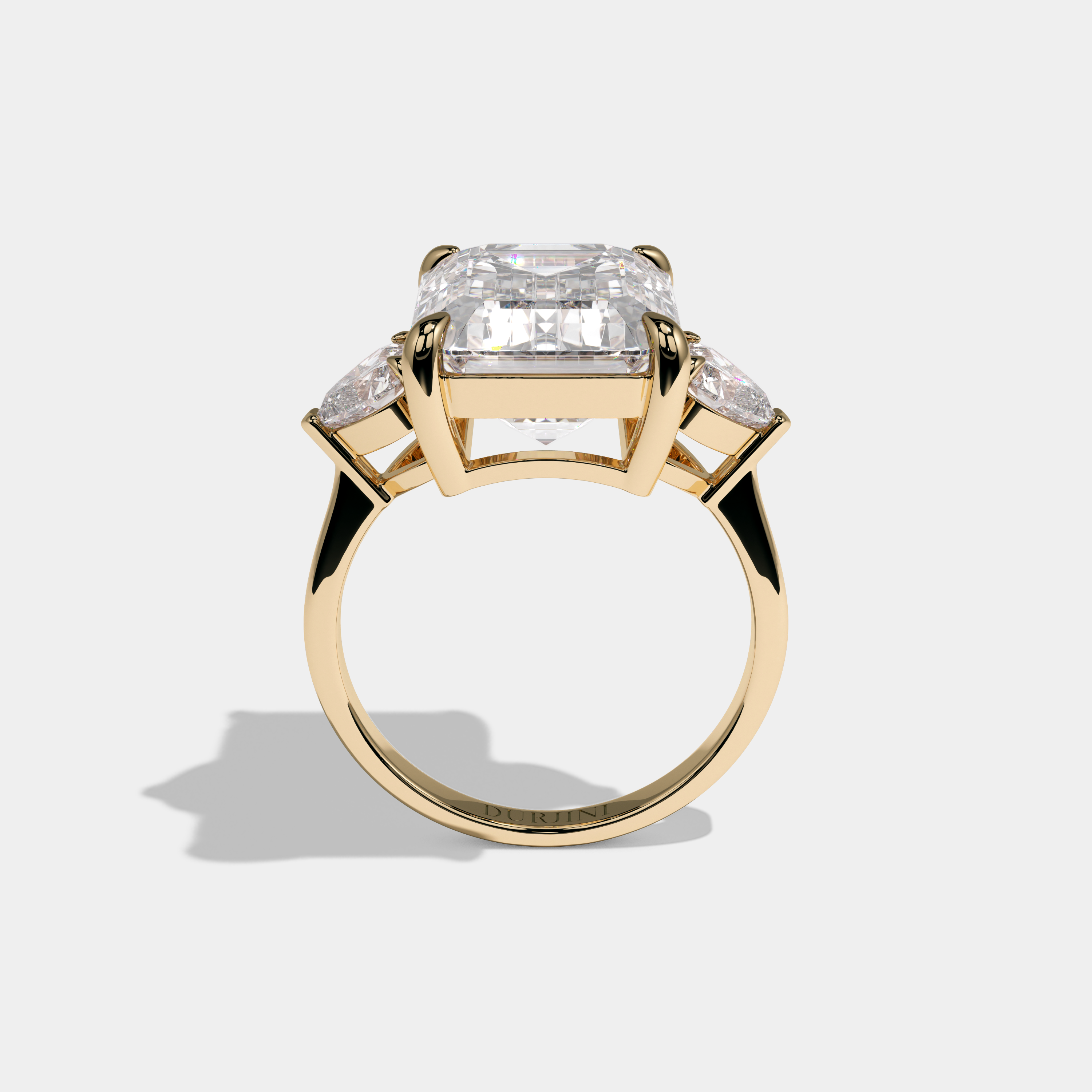 Elizabeth Emerald Cut Diamond Halo Plain Band With Heart Side Engagement Ring 10ct 18k Yellow Gold