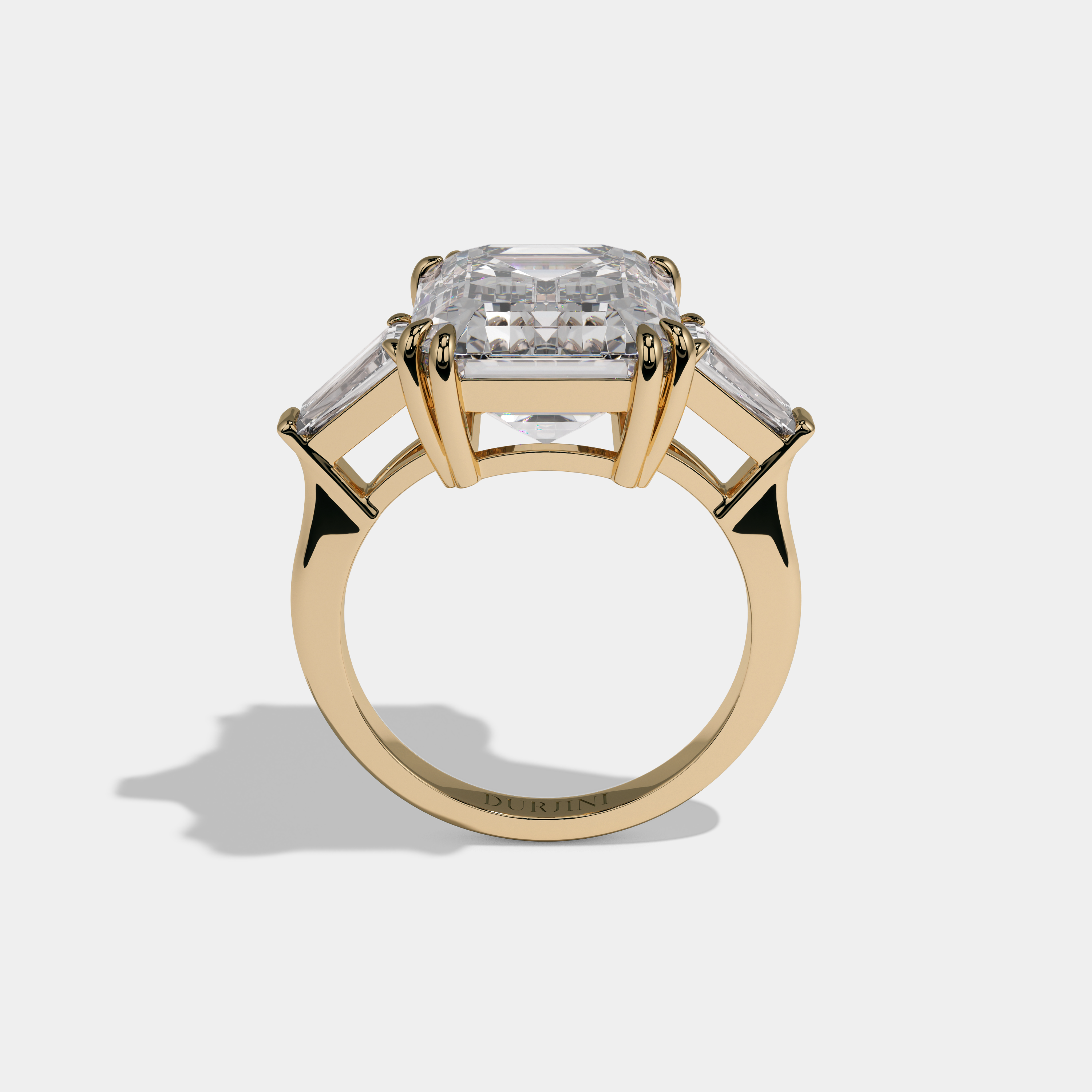 Catherine Emerald Cut Diamond Plain Band With Baguette Cut Sides Engagement Ring 10ct 18k Yellow Gold