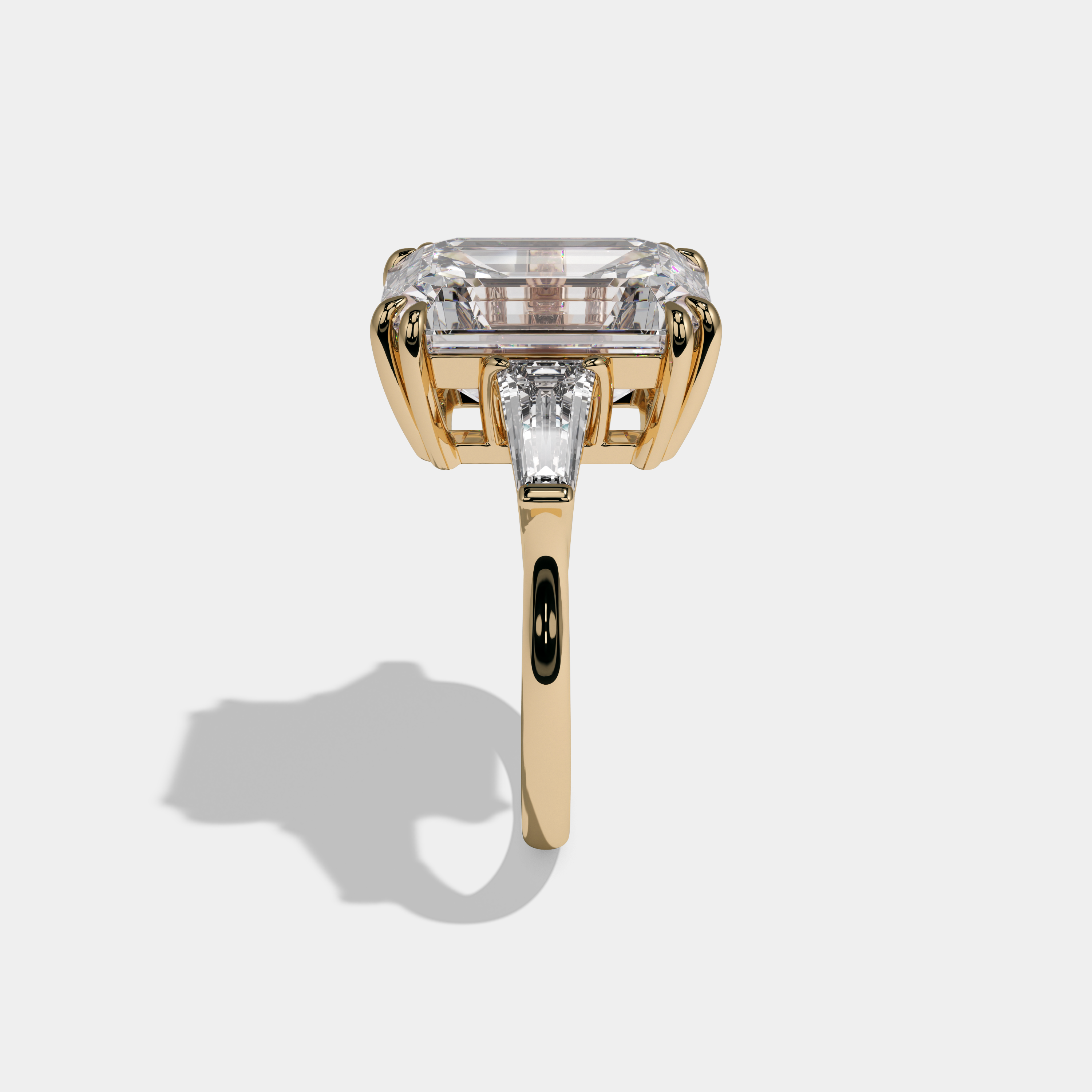 Catherine Emerald Cut Diamond Plain Band With Baguette Cut Sides Engagement Ring 10ct 18k Yellow Gold