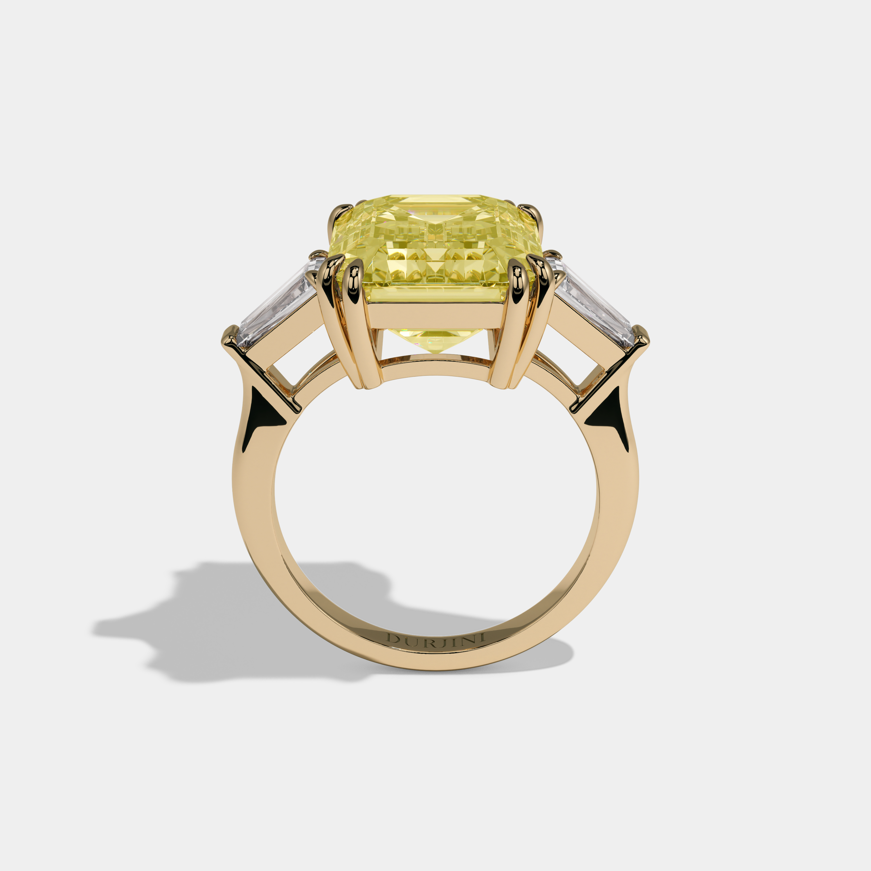 Charlotte Fancy Yellow Emerald Cut Diamond Plain Band With Baguette Cut Sides Engagement Ring 10ct 18K Yellow Gold