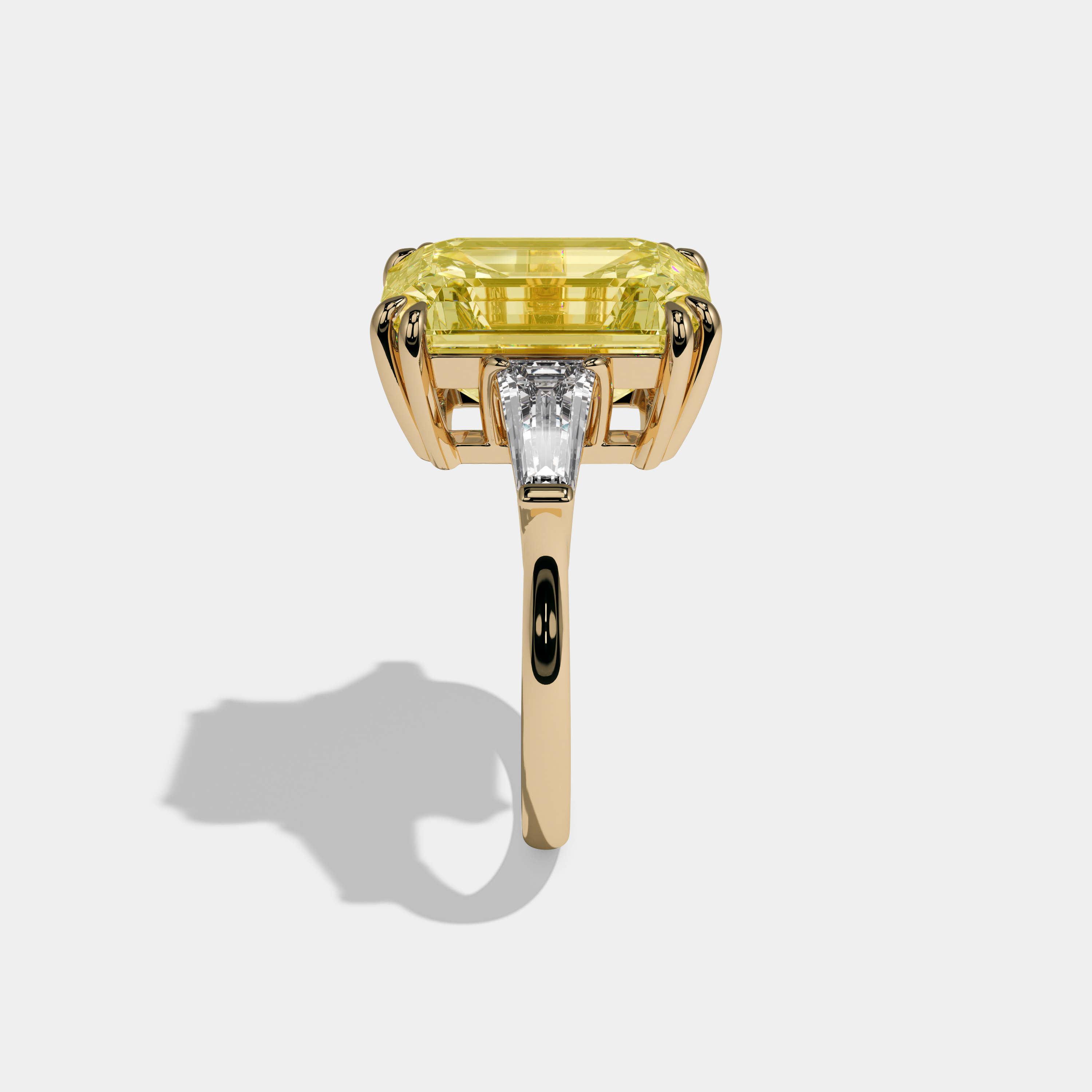 Charlotte Fancy Yellow Emerald Cut Diamond Plain Band With Baguette Cut Sides Engagement Ring 10ct 18K Yellow Gold