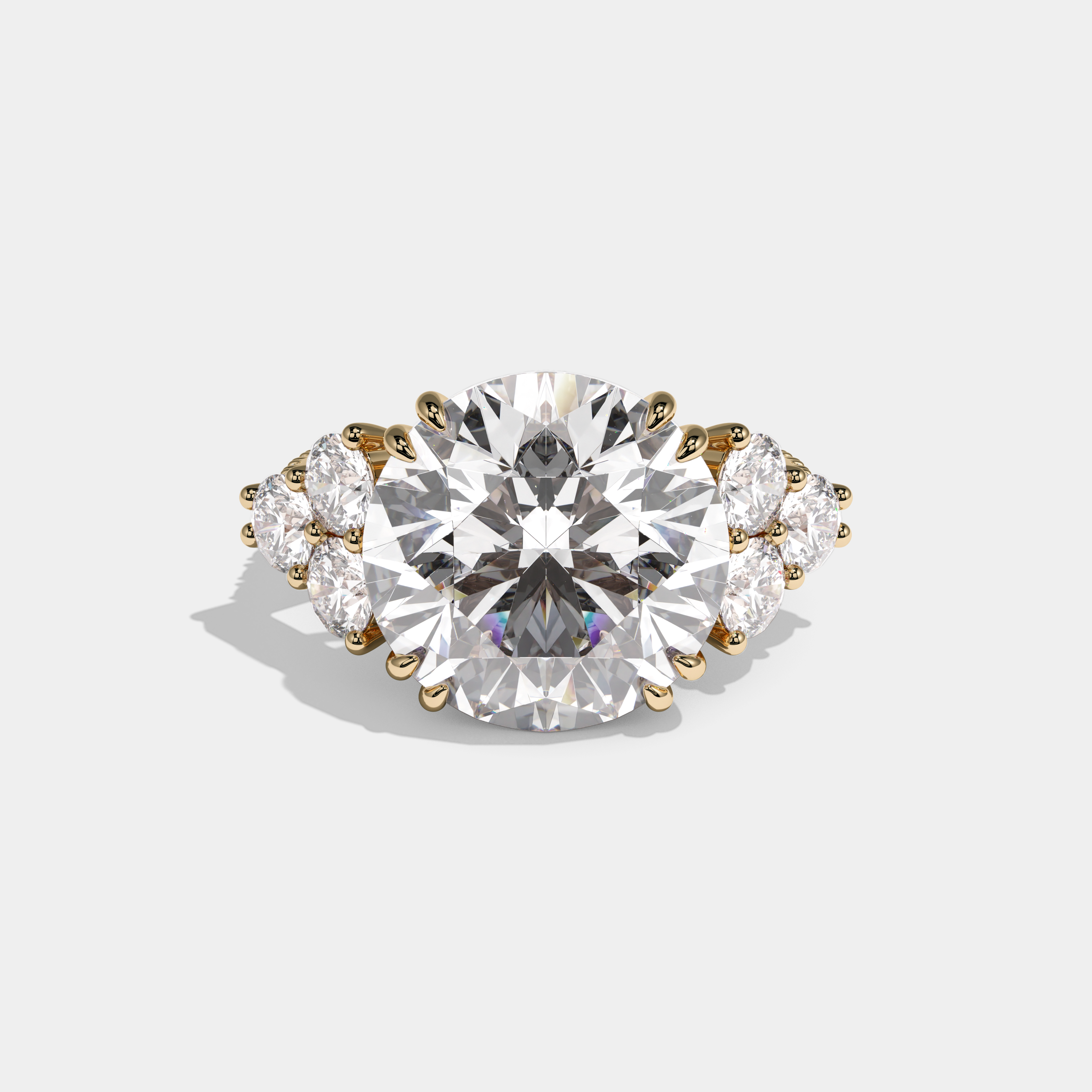 Cecilia Round Brilliant Cut Diamond Halo Trio Round Side Engagement Ring 10ct 18k Yellow Gold