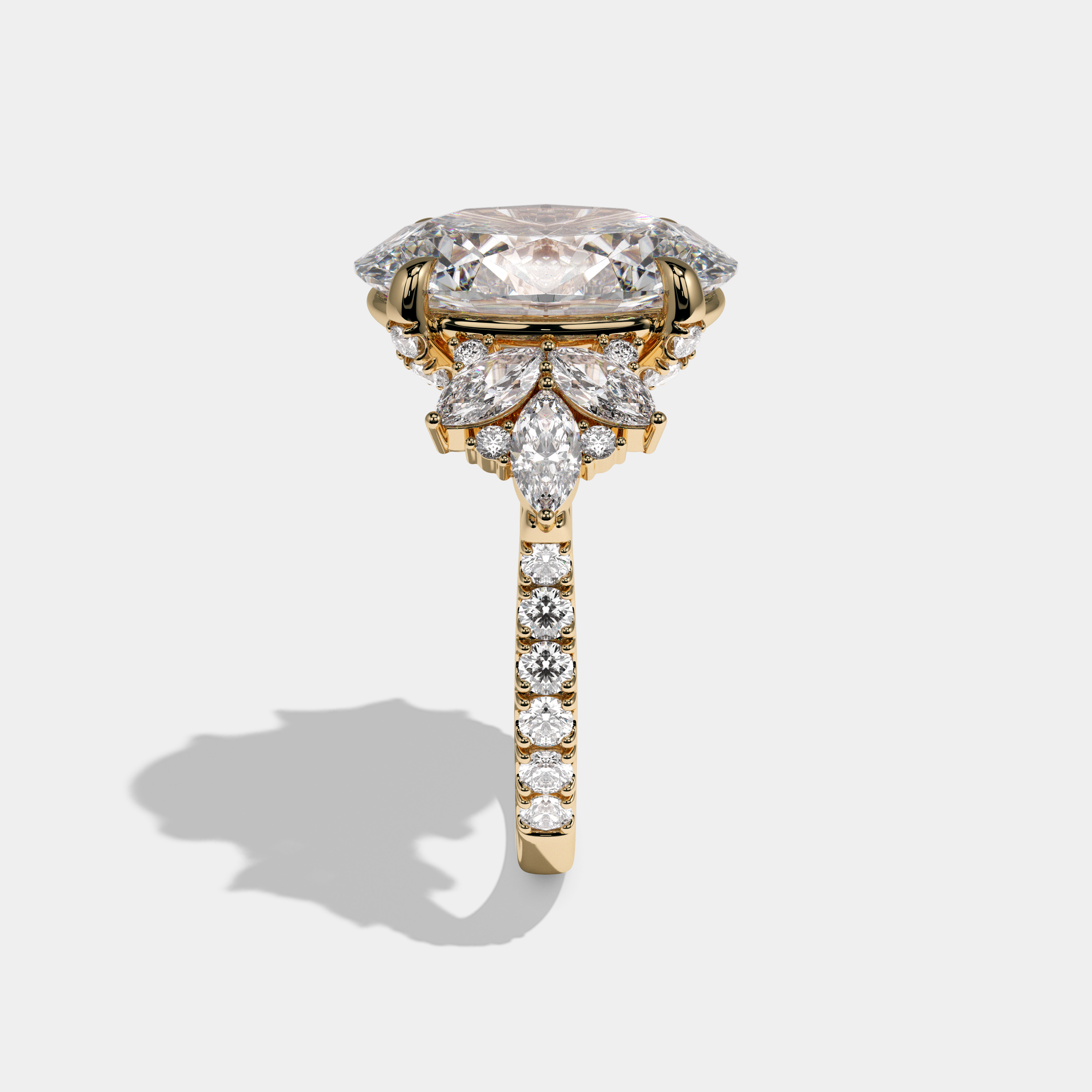 Augusta Oval Cut Diamond Halo With Trio Marquise Side Engagement Ring 10ct 18k Yellow Gold