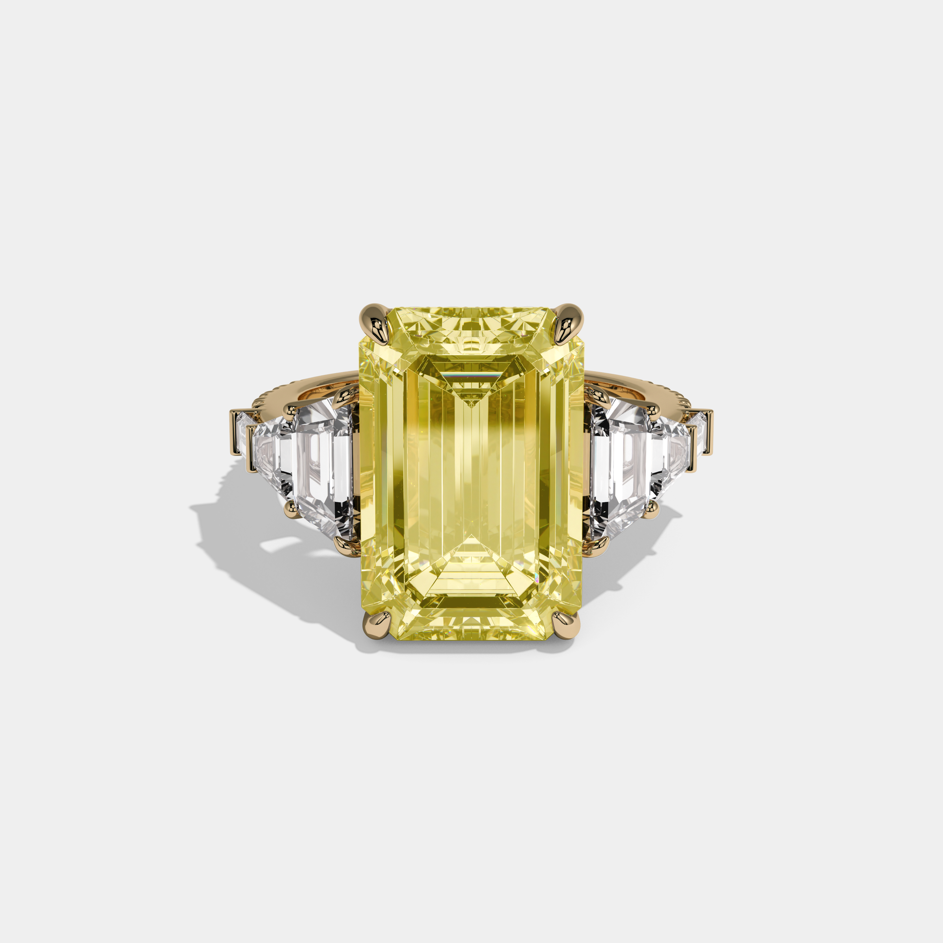 Catherine Fancy Yellow Emerald Cut Diamond Plain Band With Step Cut Sides Engagement Ring 10ct 18k Yellow Gold