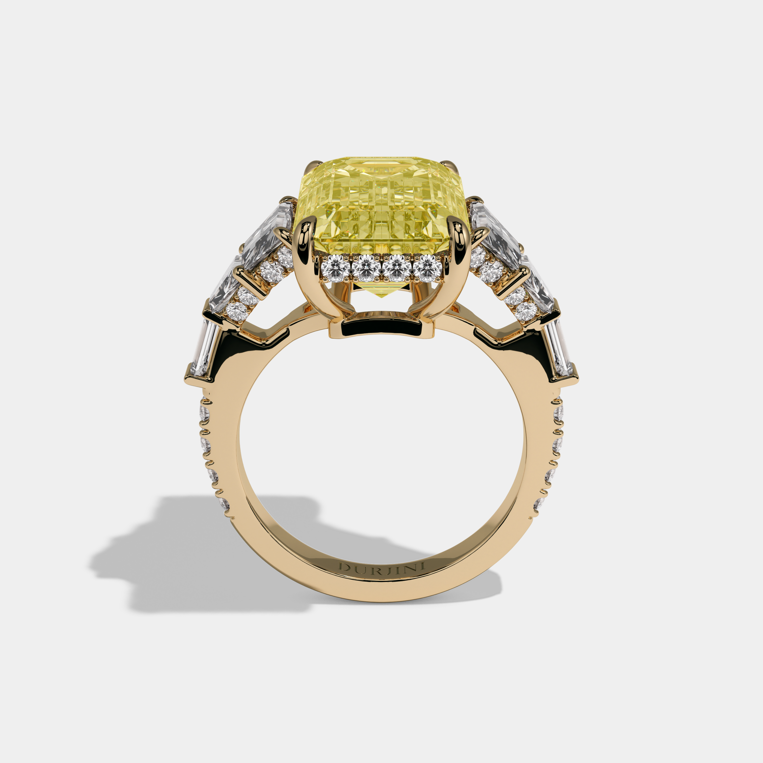 Catherine Fancy Yellow Emerald Cut Diamond Plain Band With Step Cut Sides Engagement Ring 10ct 18k Yellow Gold
