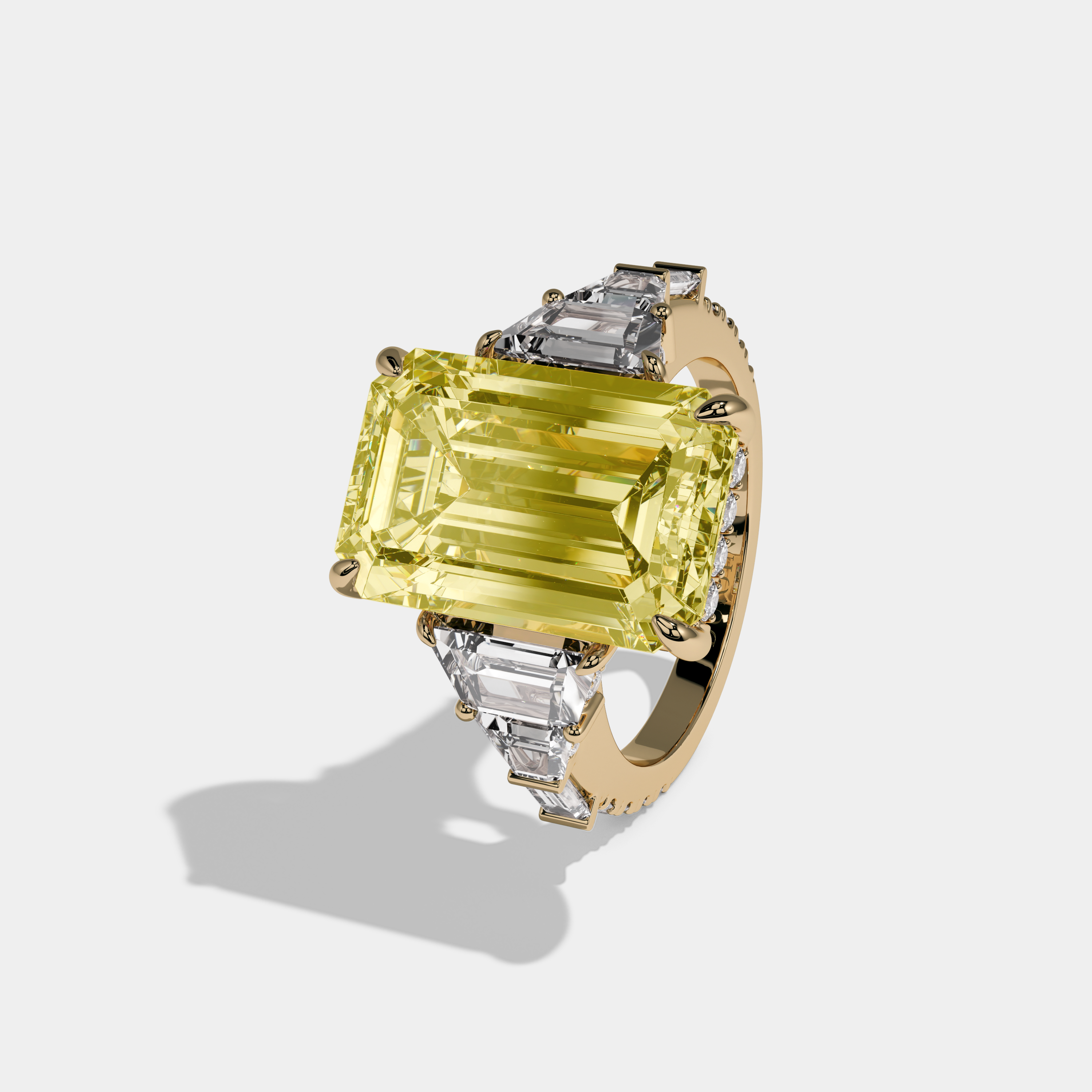 Catherine Fancy Yellow Emerald Cut Diamond Plain Band With Step Cut Sides Engagement Ring 10ct 18k Yellow Gold