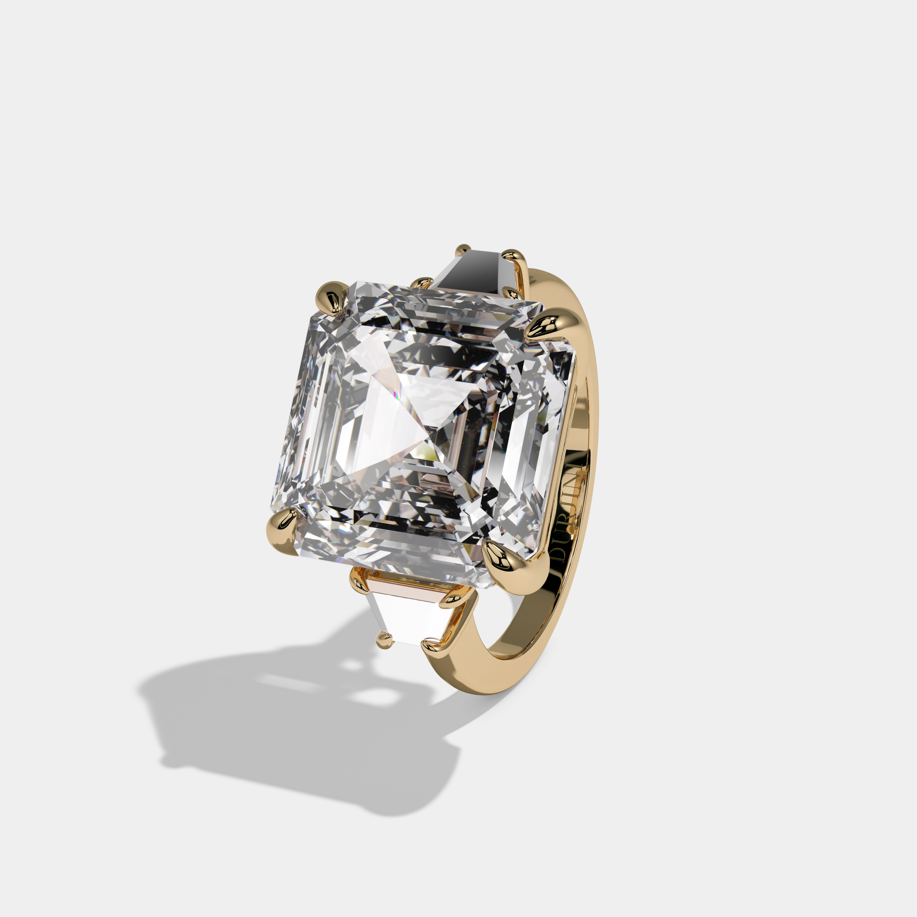 Eleanor Asscher Cut Diamond Halo Plain Band With Step Cut Sides Engagement Ring 10ct 18k Yellow Gold