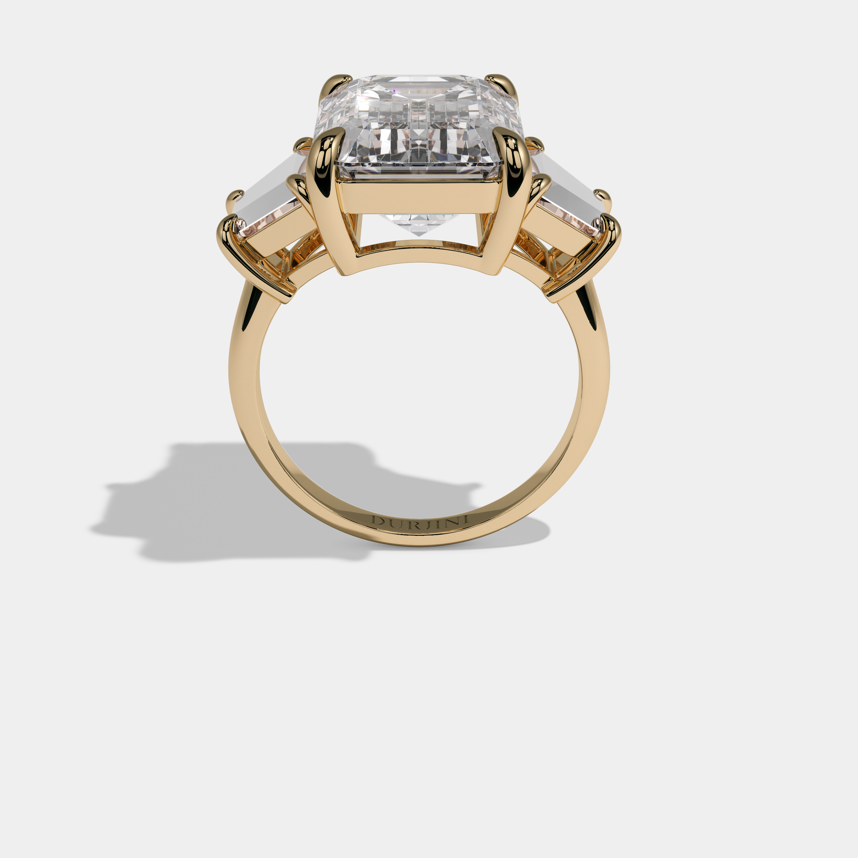 Catherine Emerald Cut Diamond Halo Plain Band With Quad Cut Sides Engagement Ring 10ct 18k Yellow Gold