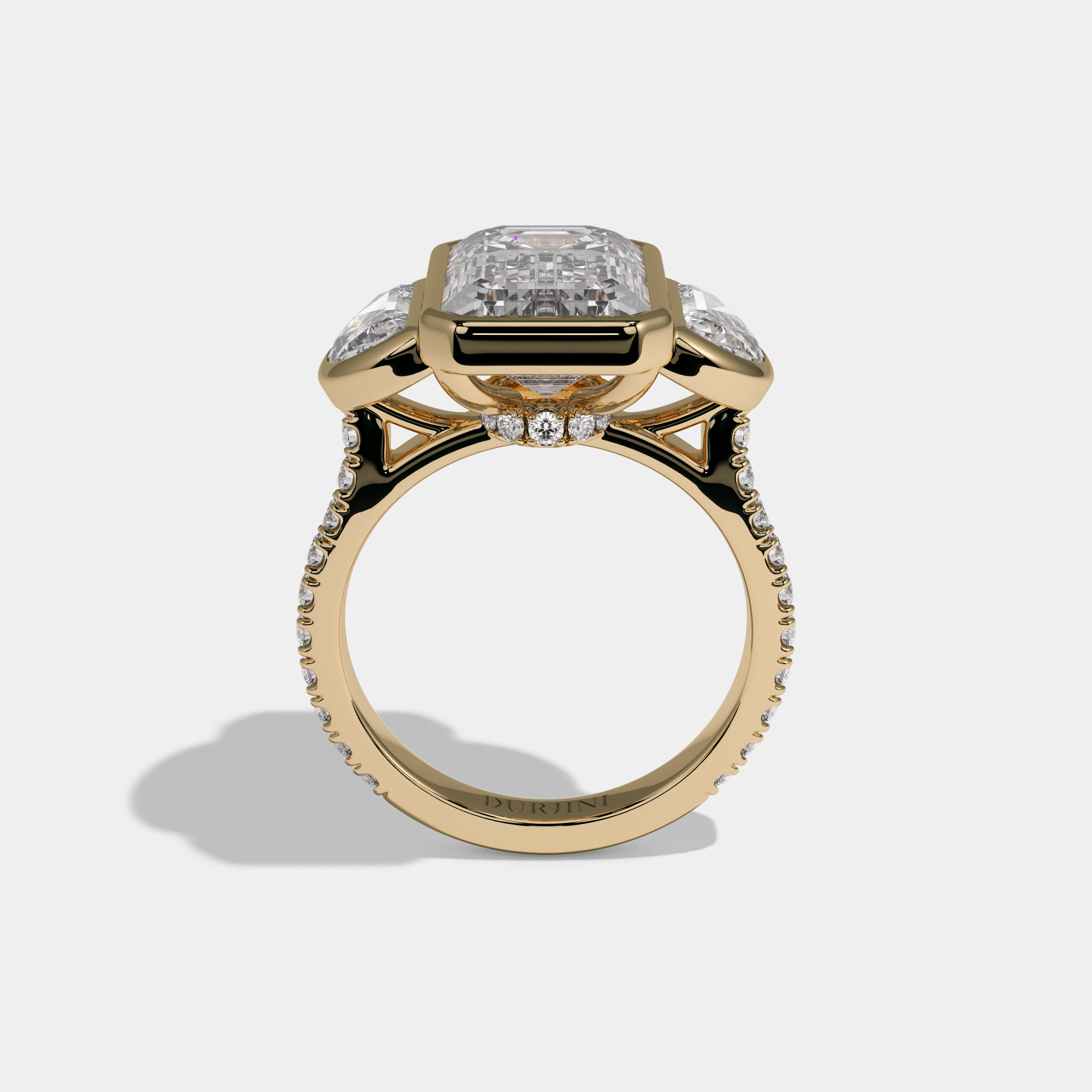 Charlotte Emerald Cut Diamond Bezel Band With Half Moon Halo Sides Engagement Ring 10ct 18k Yellow Gold