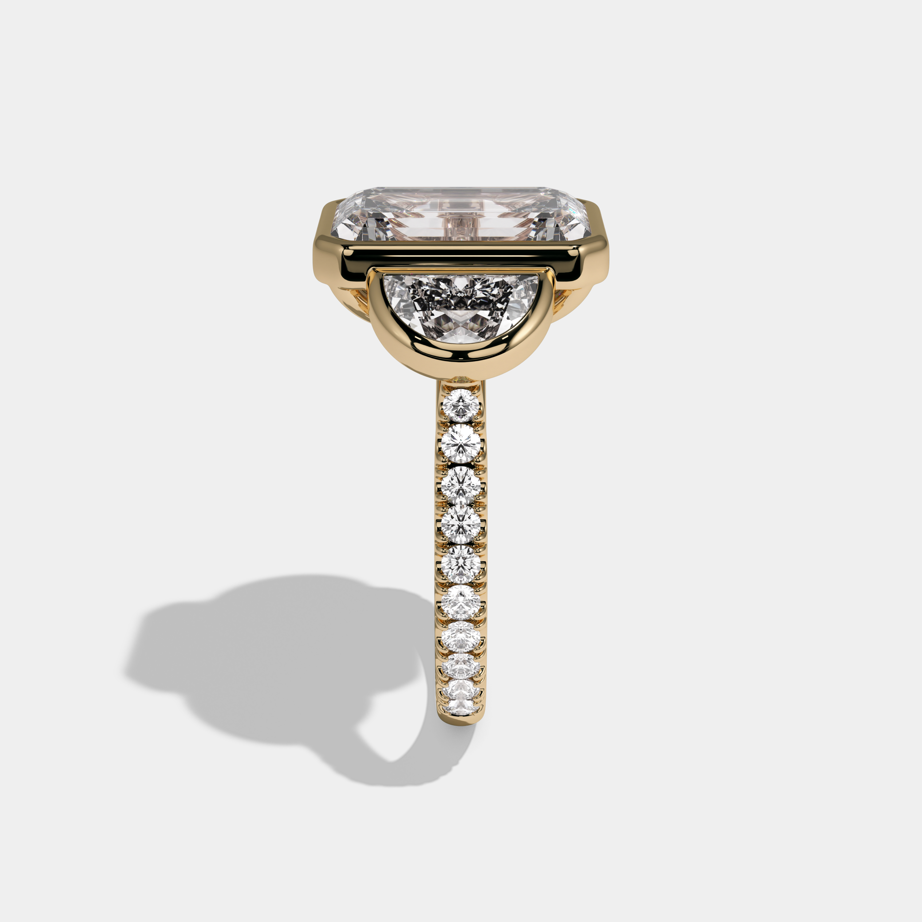 Charlotte Emerald Cut Diamond Bezel Band With Half Moon Halo Sides Engagement Ring 10ct 18k Yellow Gold