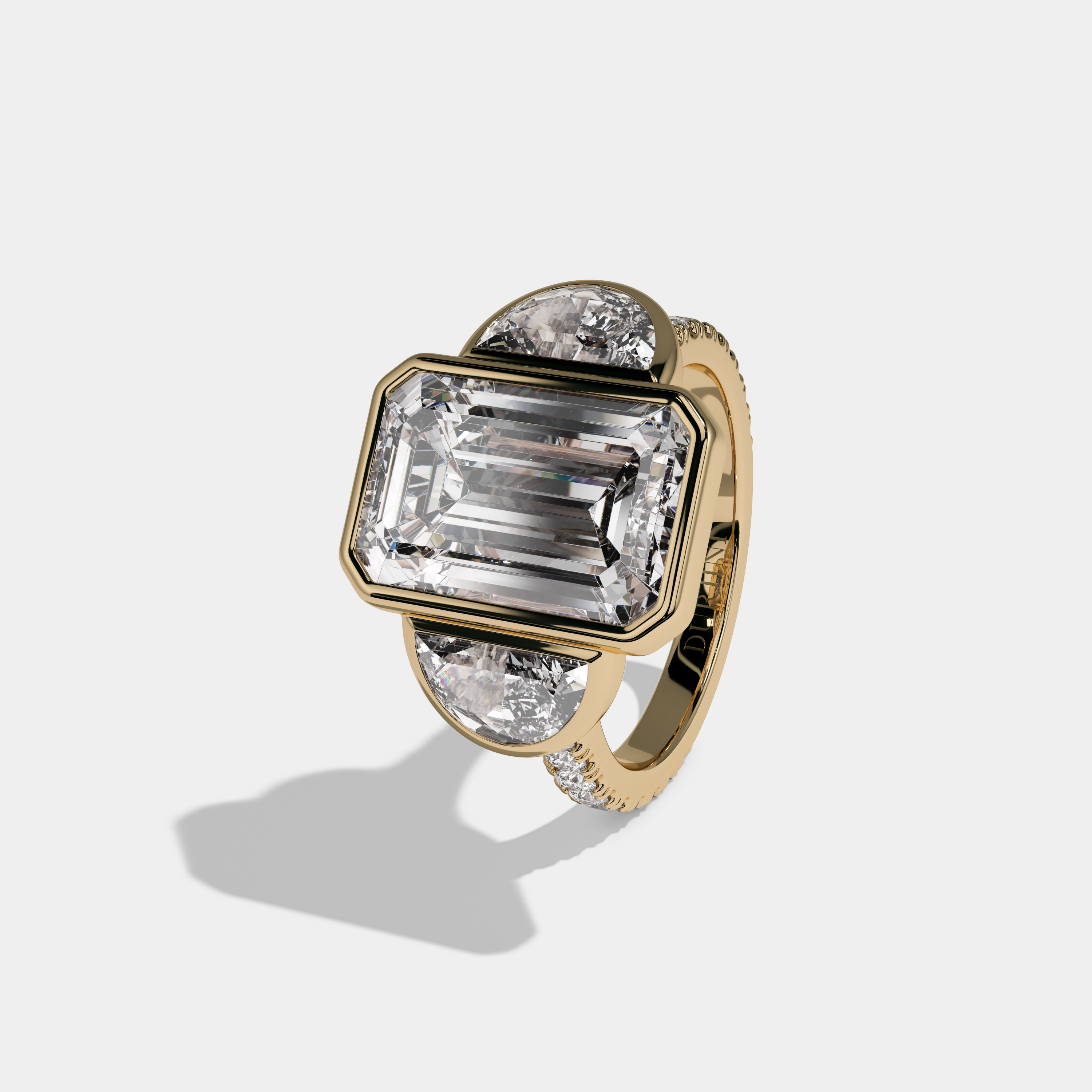 Charlotte Emerald Cut Diamond Bezel Band With Half Moon Halo Sides Engagement Ring 10ct 18k Yellow Gold