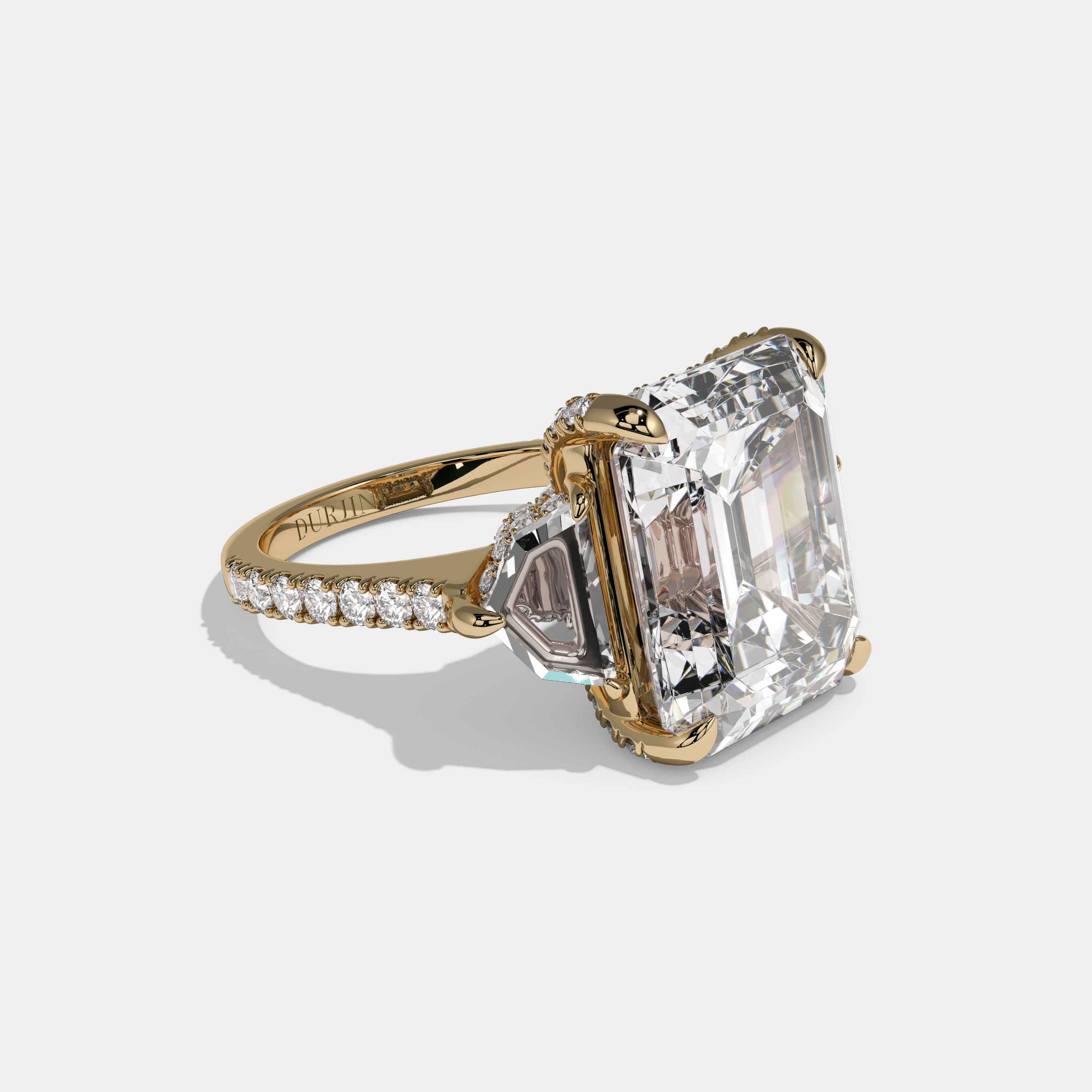 Victoria Emerald Cut Diamond Band With Pentagon Halo Sides Engagement Ring 10ct 18k Yellow Gold