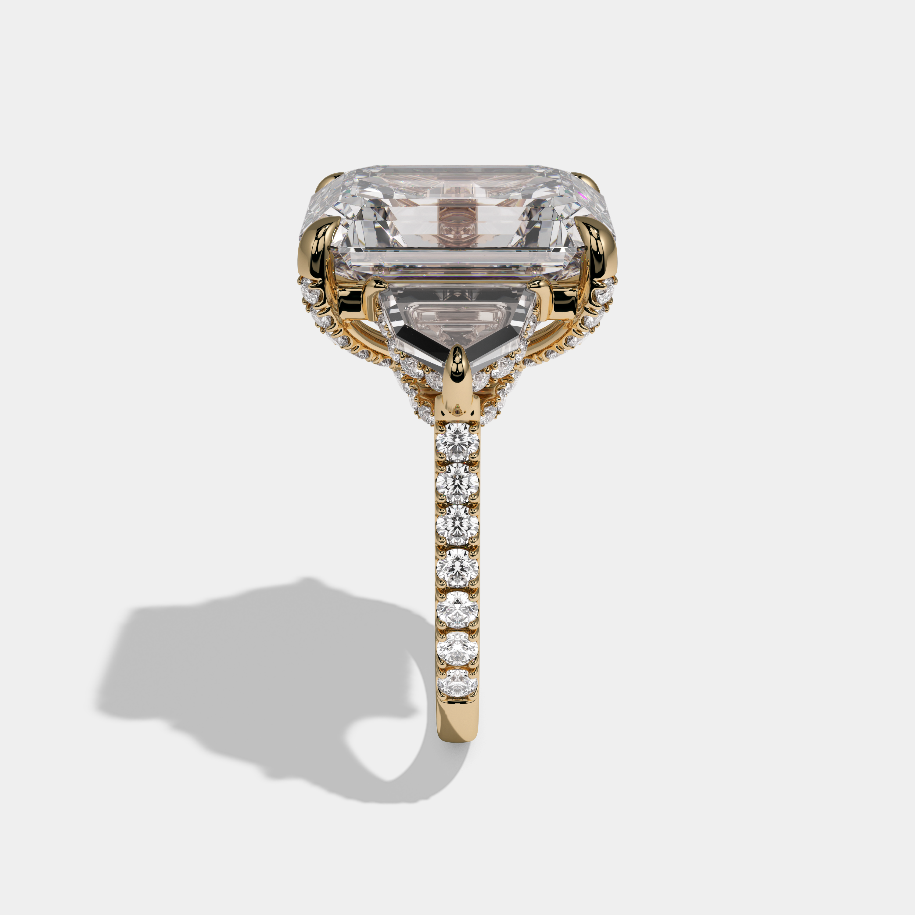 Victoria Emerald Cut Diamond Band With Pentagon Halo Sides Engagement Ring 10ct 18k Yellow Gold