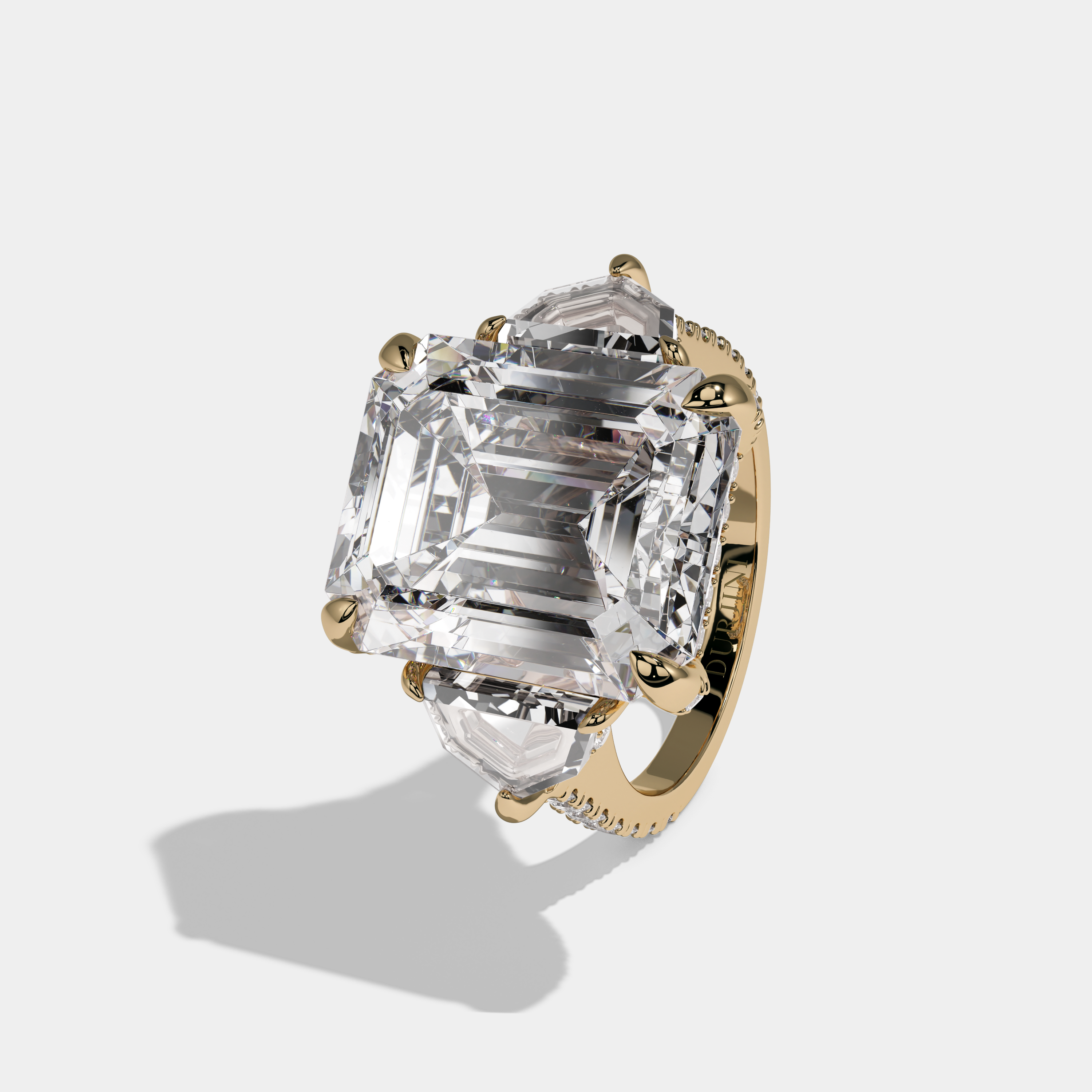 Victoria Emerald Cut Diamond Band With Pentagon Halo Sides Engagement Ring 10ct 18k Yellow Gold