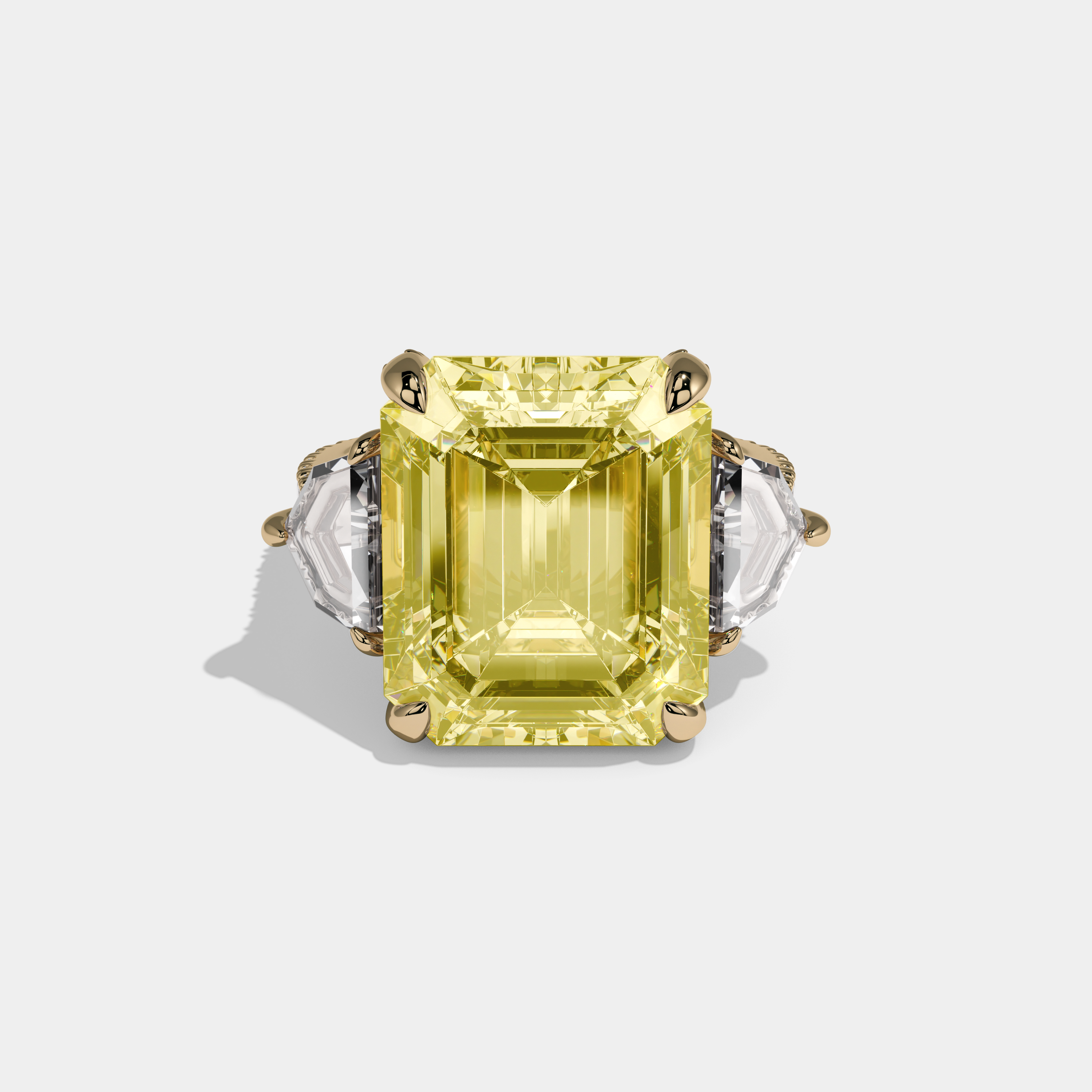 Charlotte Fancy Yellow Emerald Cut Diamond Band With Pentagon Halo Sides Engagement Ring 10ct 18k Yellow Gold