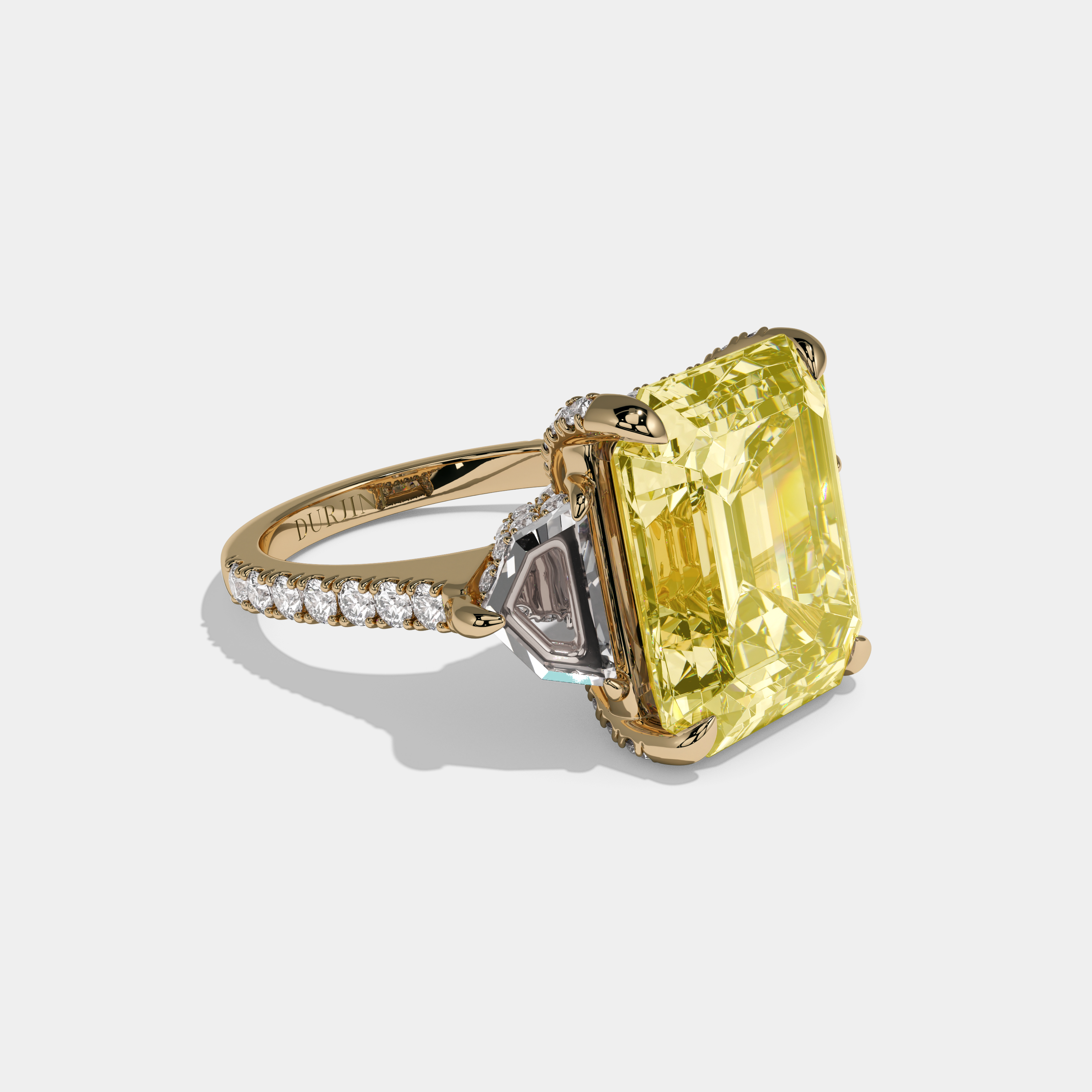Charlotte Fancy Yellow Emerald Cut Diamond Band With Pentagon Halo Sides Engagement Ring 10ct 18k Yellow Gold