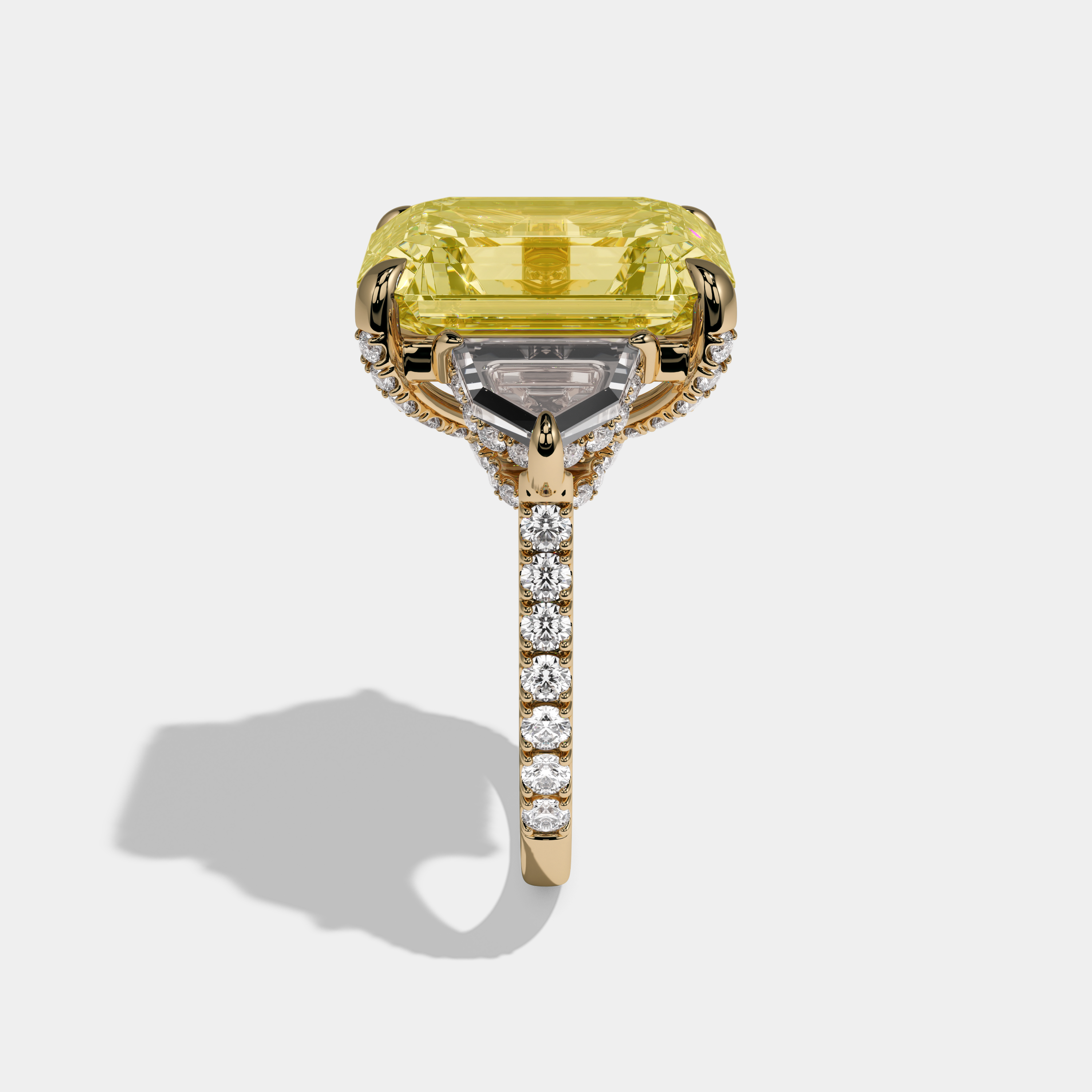 Charlotte Fancy Yellow Emerald Cut Diamond Band With Pentagon Halo Sides Engagement Ring 10ct 18k Yellow Gold