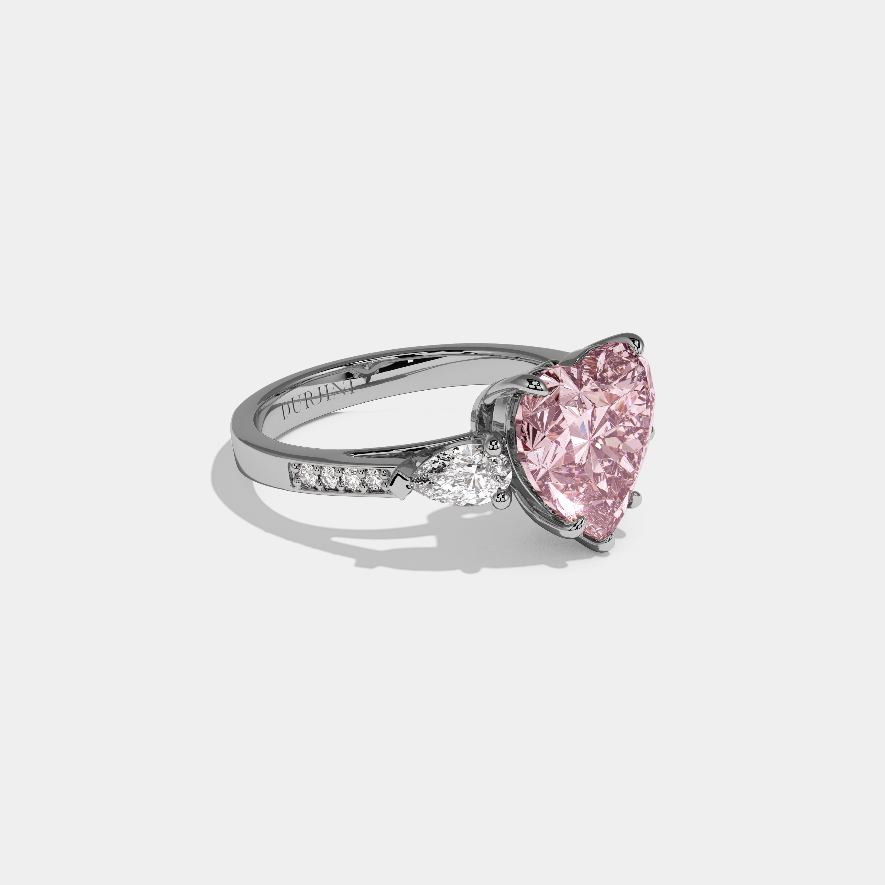 Beatrice Fancy Pink Heart Brilliant Cut Diamond Band With Pear Sides Engagement Ring 7ct 18K White Gold