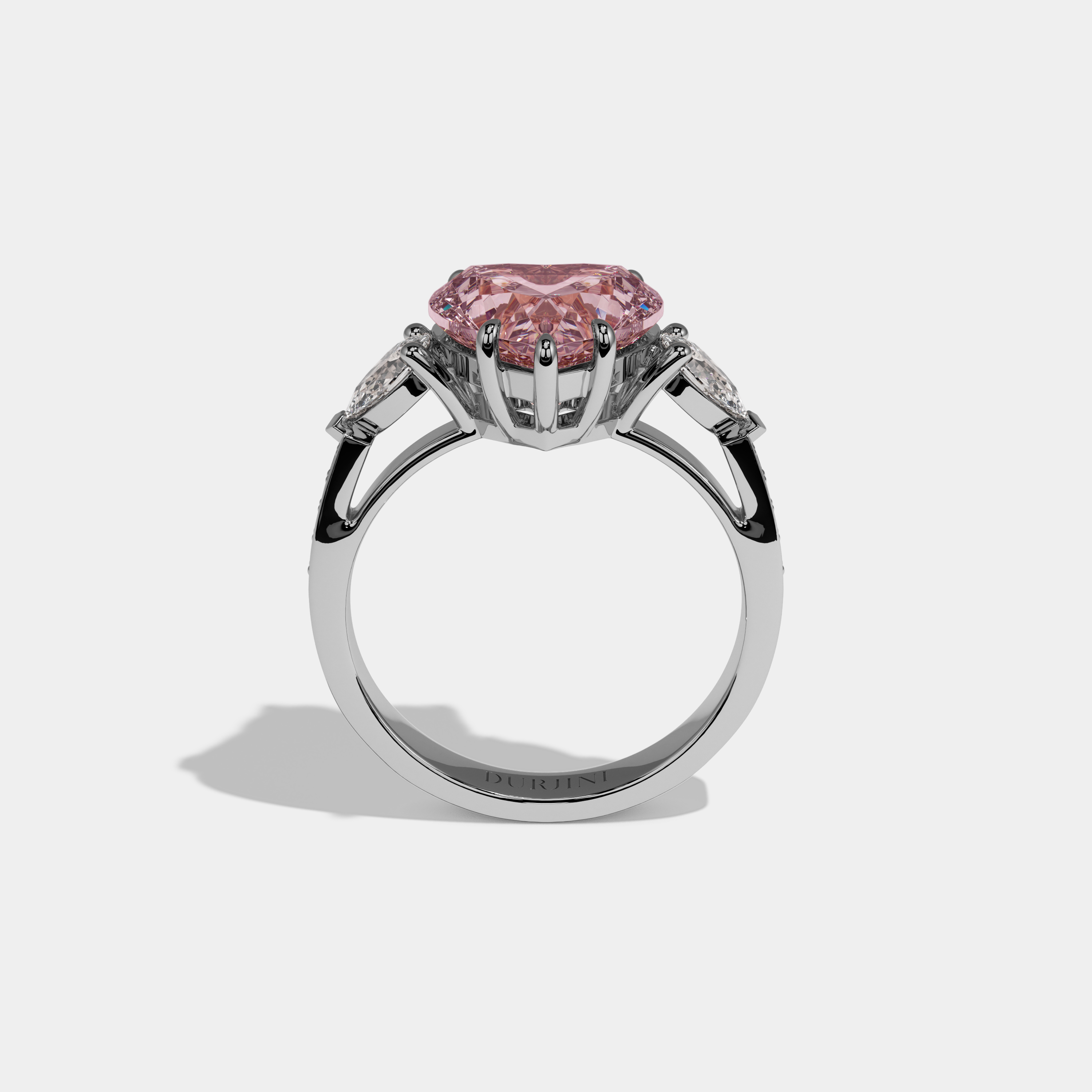 Beatrice Fancy Pink Heart Brilliant Cut Diamond Band With Pear Sides Engagement Ring 7ct 18K White Gold