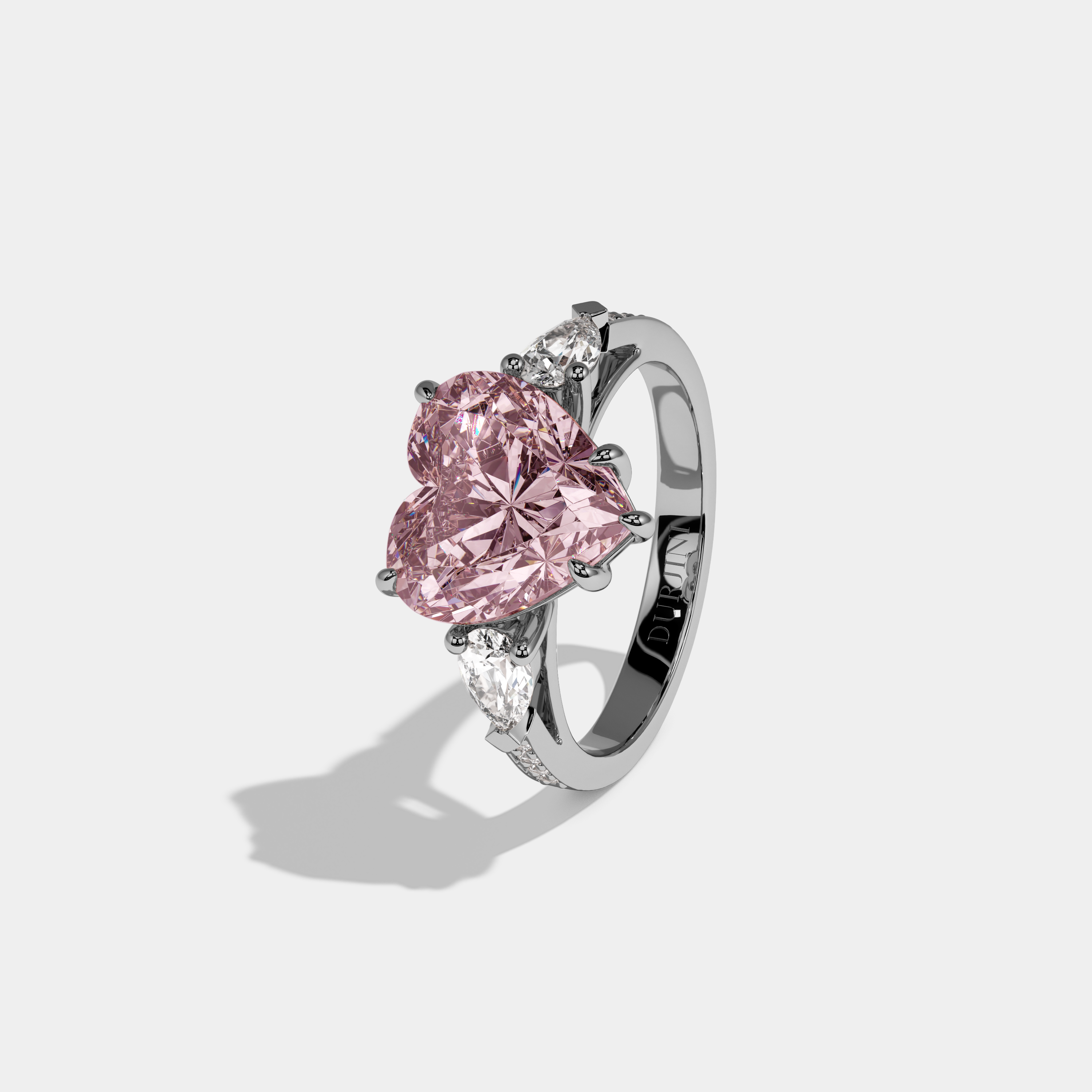 Beatrice Fancy Pink Heart Brilliant Cut Diamond Band With Pear Sides Engagement Ring 7ct 18K White Gold