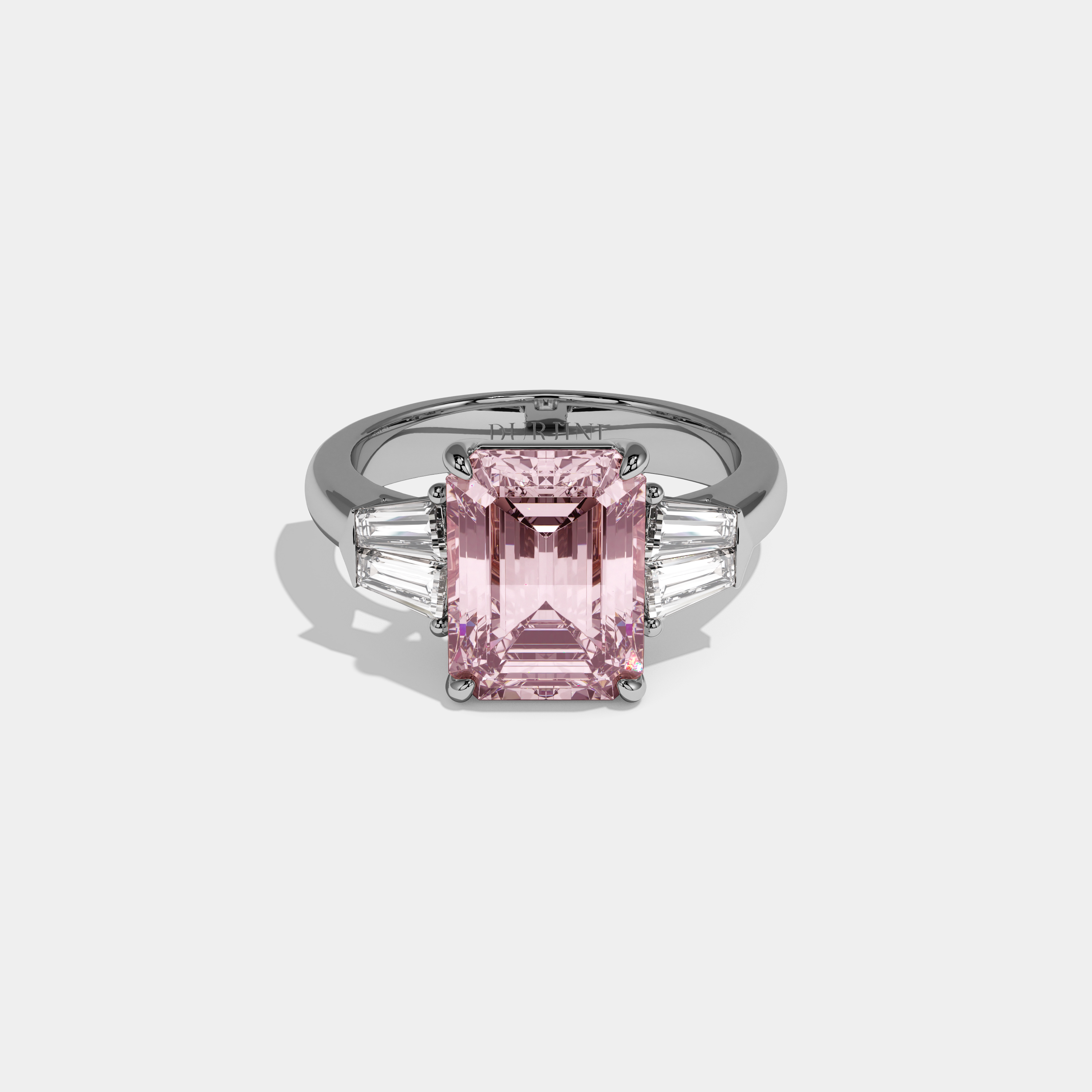 Beatrice Fancy Pink Emerald Cut Diamond Plain Band With Baguette Sides Engagement Ring 6ct 18K White Gold
