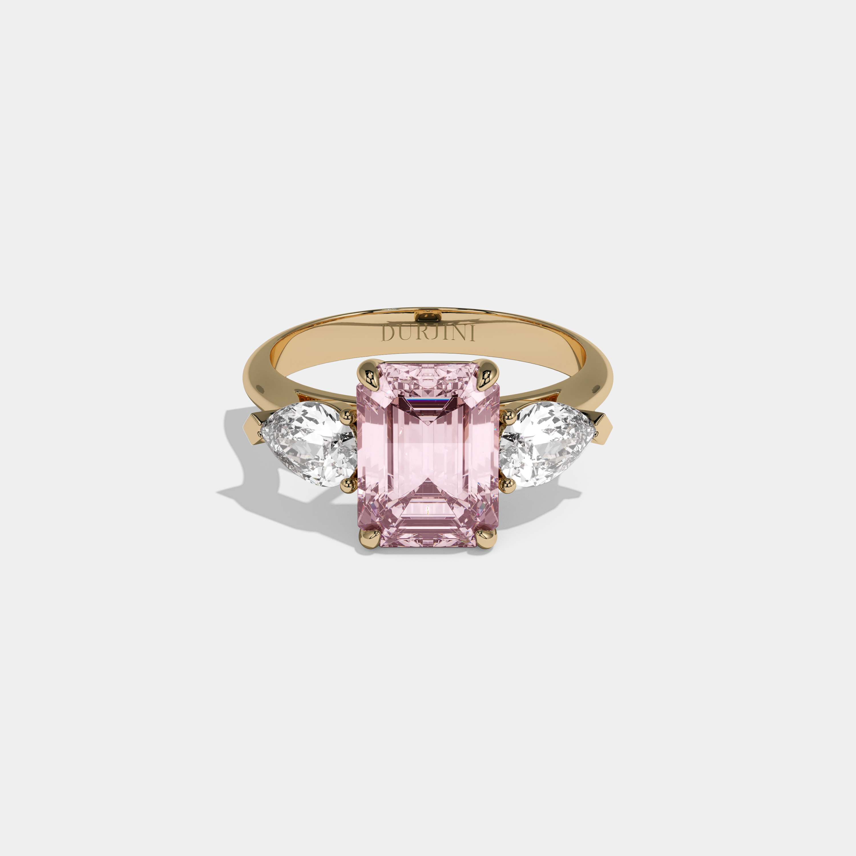 Evangeline Fancy Pink Emerald Cut Diamond Plain Band With Pear Cut Sides Engagement Ring 6ct 18K Yellow Gold