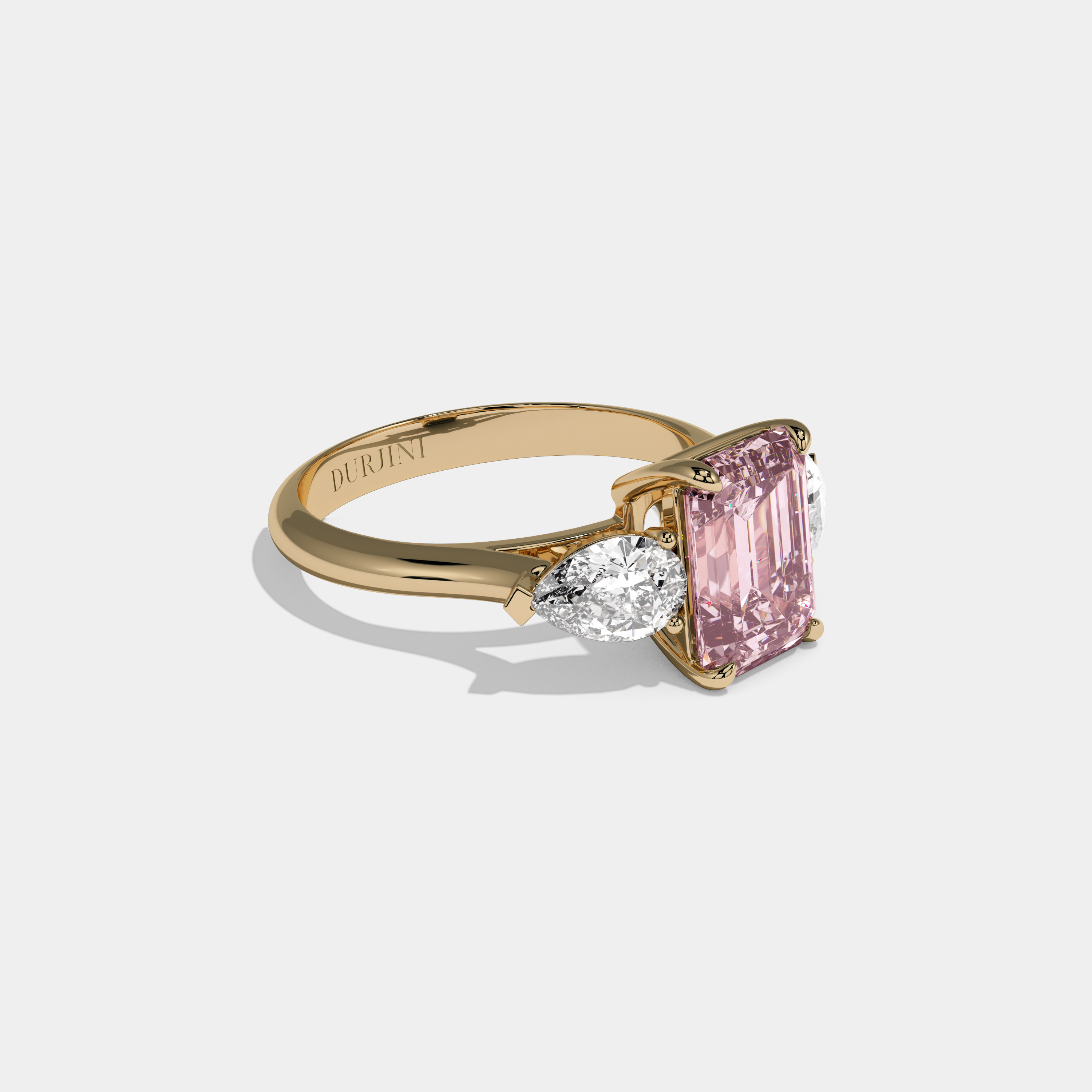 Evangeline Fancy Pink Emerald Cut Diamond Plain Band With Pear Cut Sides Engagement Ring 6ct 18K Yellow Gold