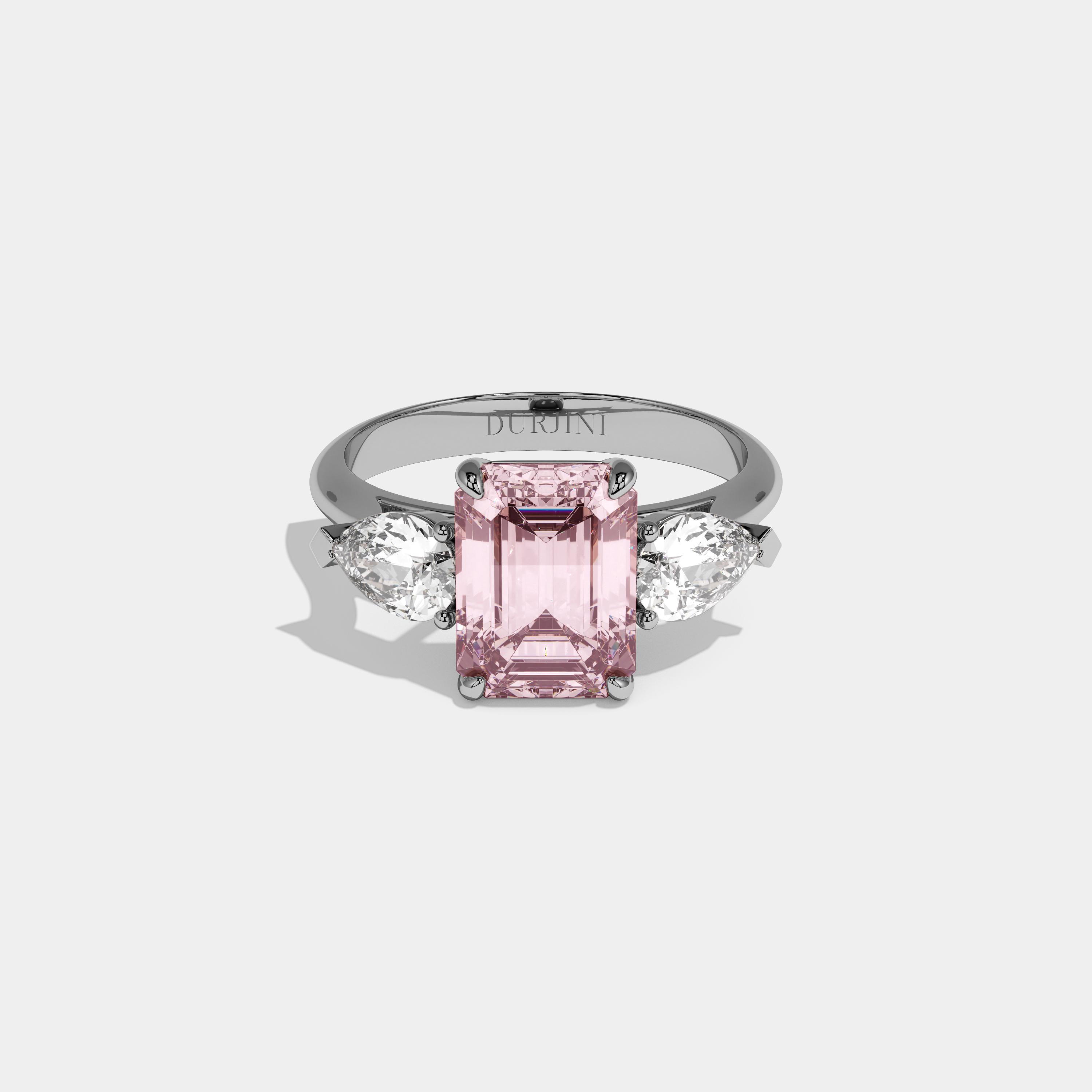 Arabella Fancy Pink Emerald Cut Diamond Plain Band With Pear Cut Sides Engagement Ring 6ct 18K White Gold