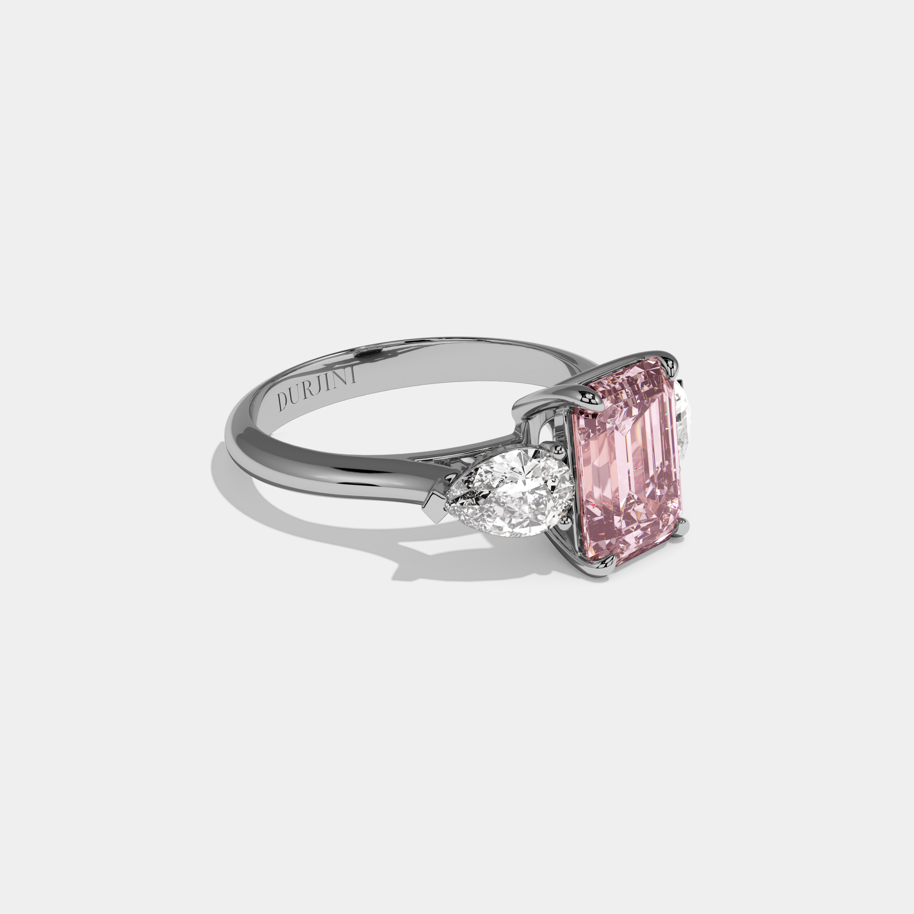 Arabella Fancy Pink Emerald Cut Diamond Plain Band With Pear Cut Sides Engagement Ring 6ct 18K White Gold
