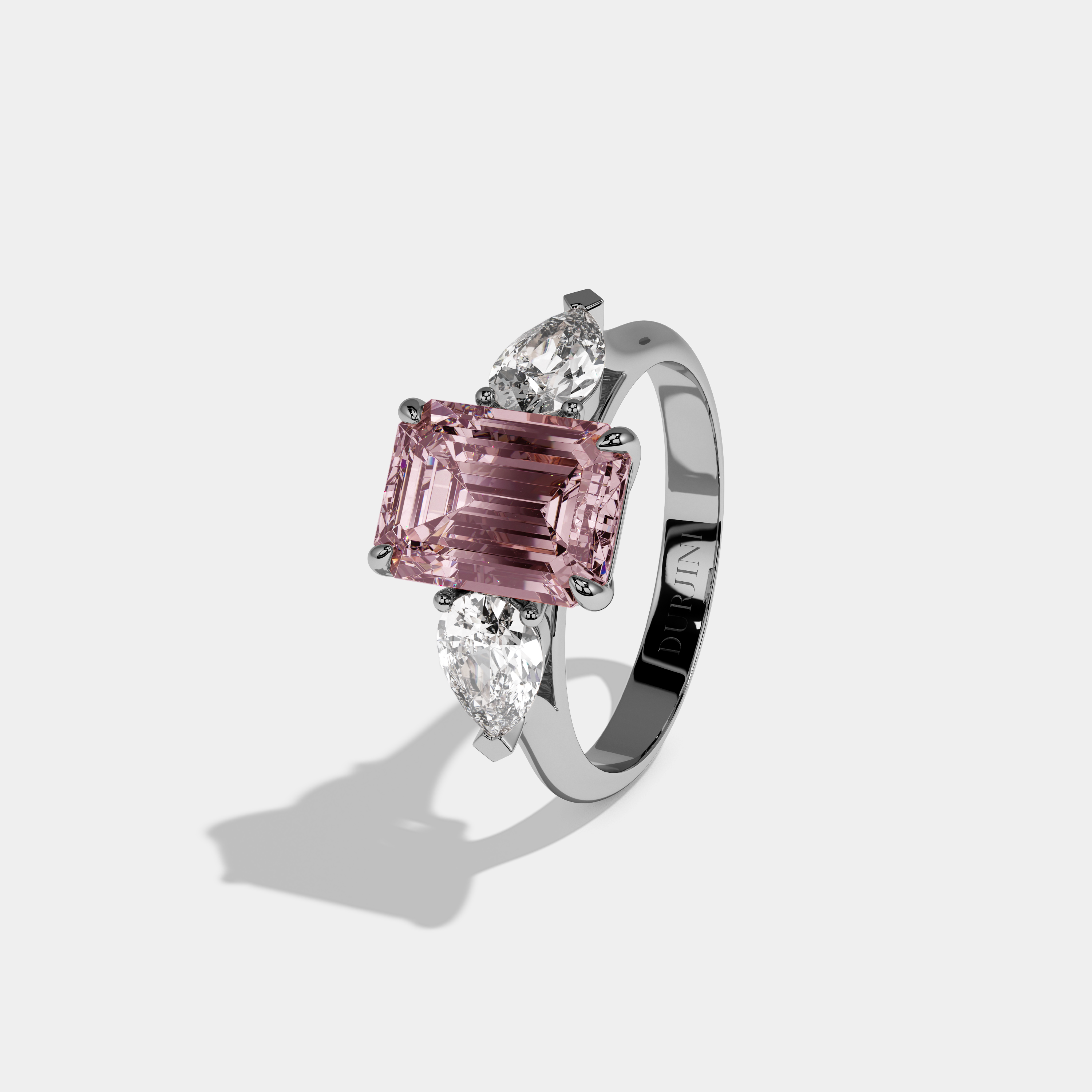 Arabella Fancy Pink Emerald Cut Diamond Plain Band With Pear Cut Sides Engagement Ring 6ct 18K White Gold
