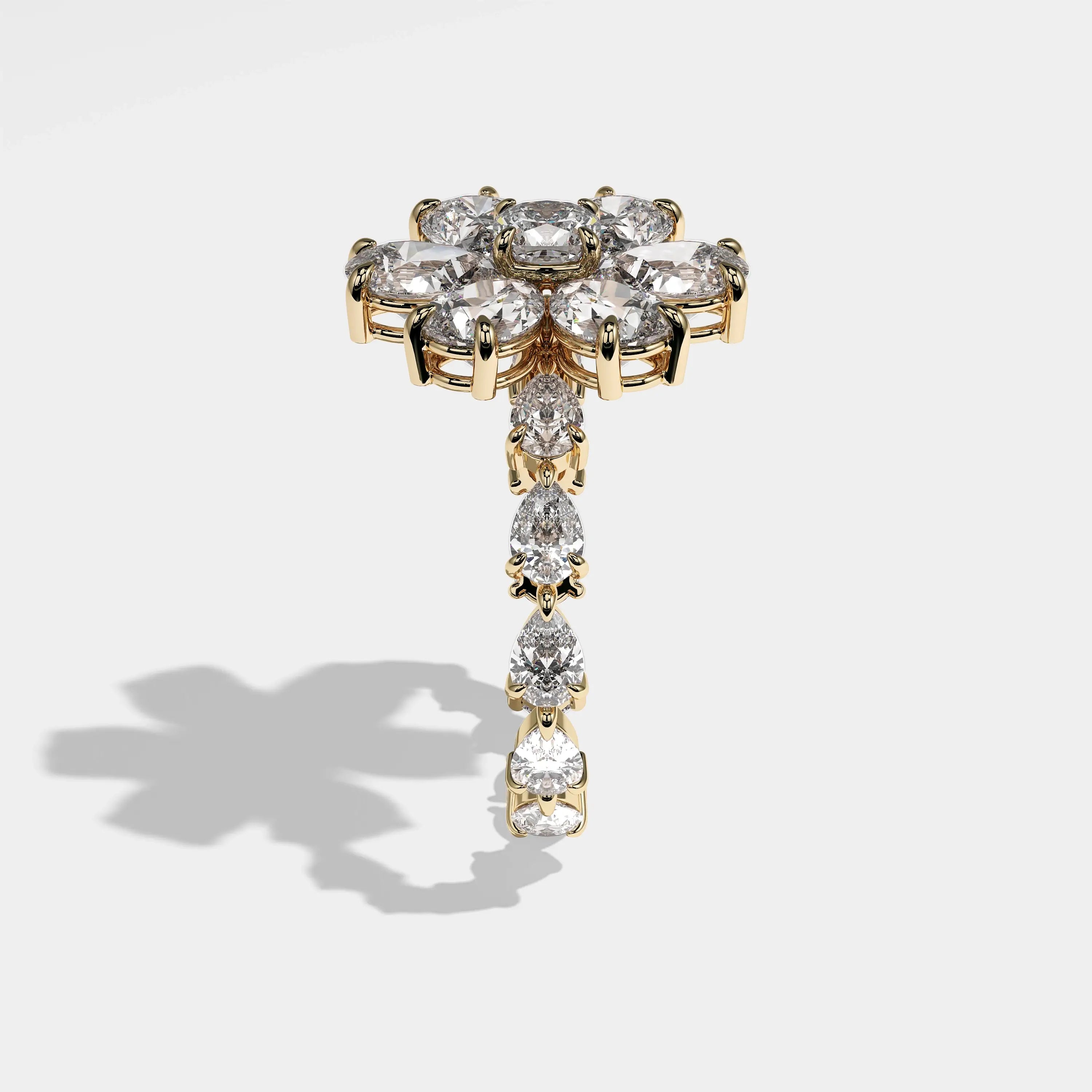 Element pear flower halo diamond engagement ring in 18K yellow gold by Kurbãni Durjini, side view