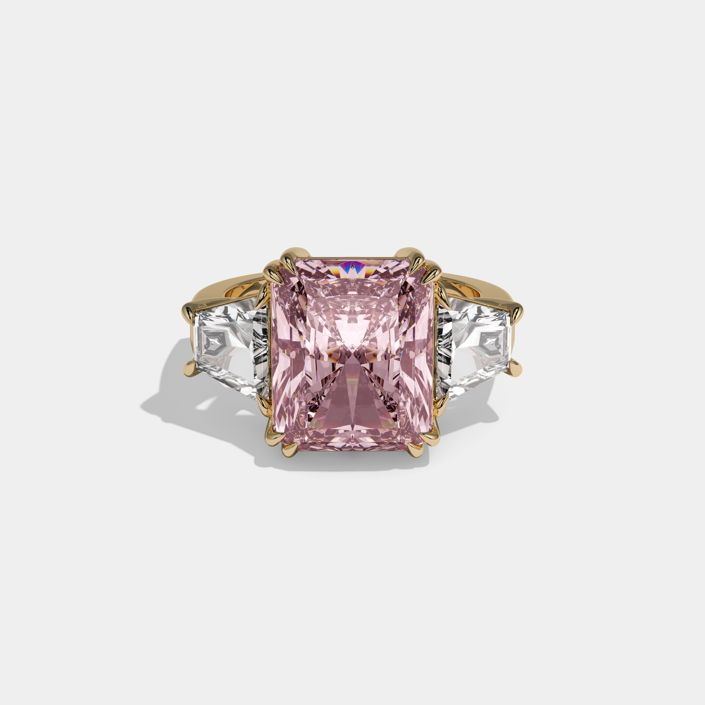 Eugenie Fancy Pink Radiant Cut Diamond Plain Band With Trapezoid Sides Engagement Ring 7ct 18K Yellow Gold