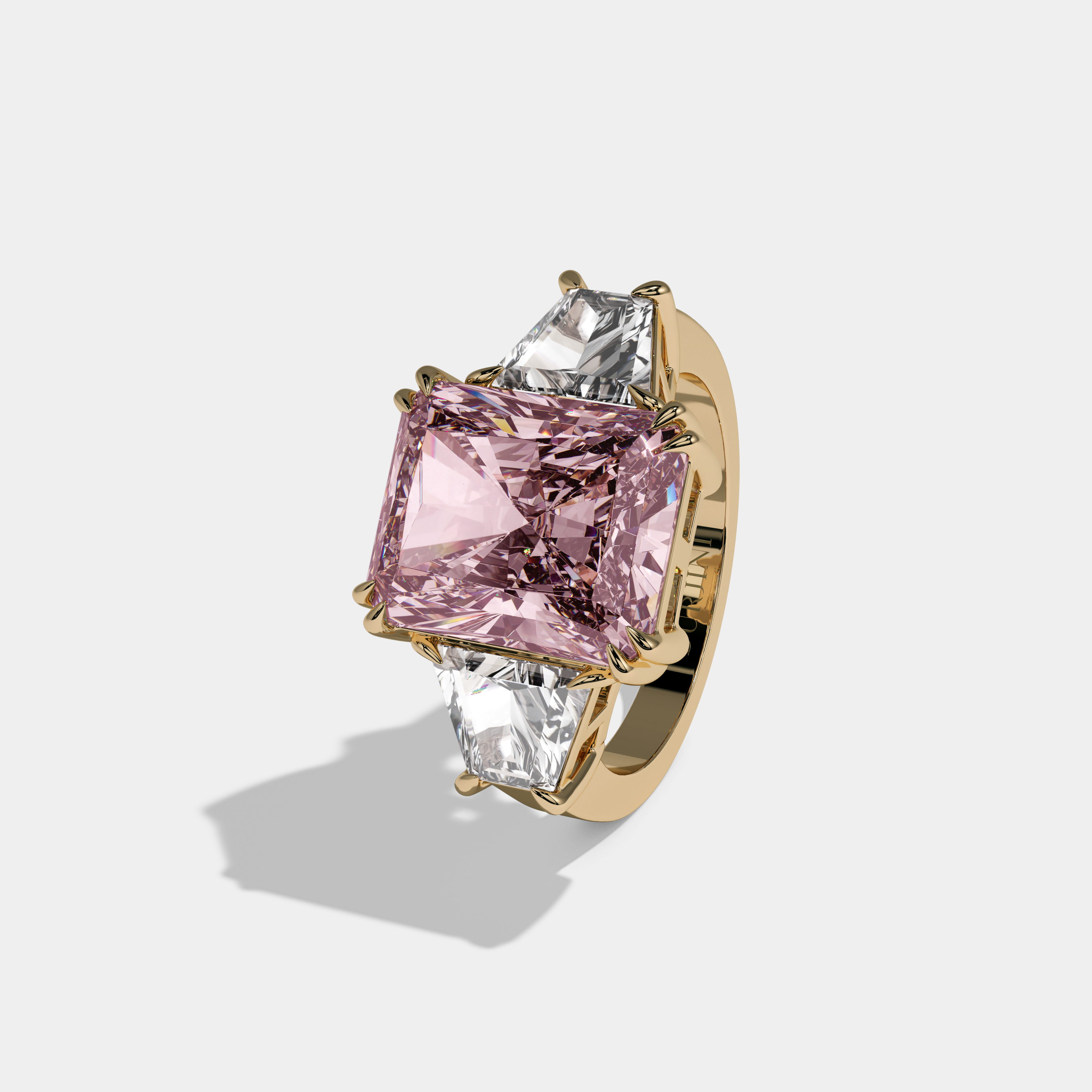 Eugenie Fancy Pink Radiant Cut Diamond Plain Band With Trapezoid Sides Engagement Ring 7ct 18K Yellow Gold