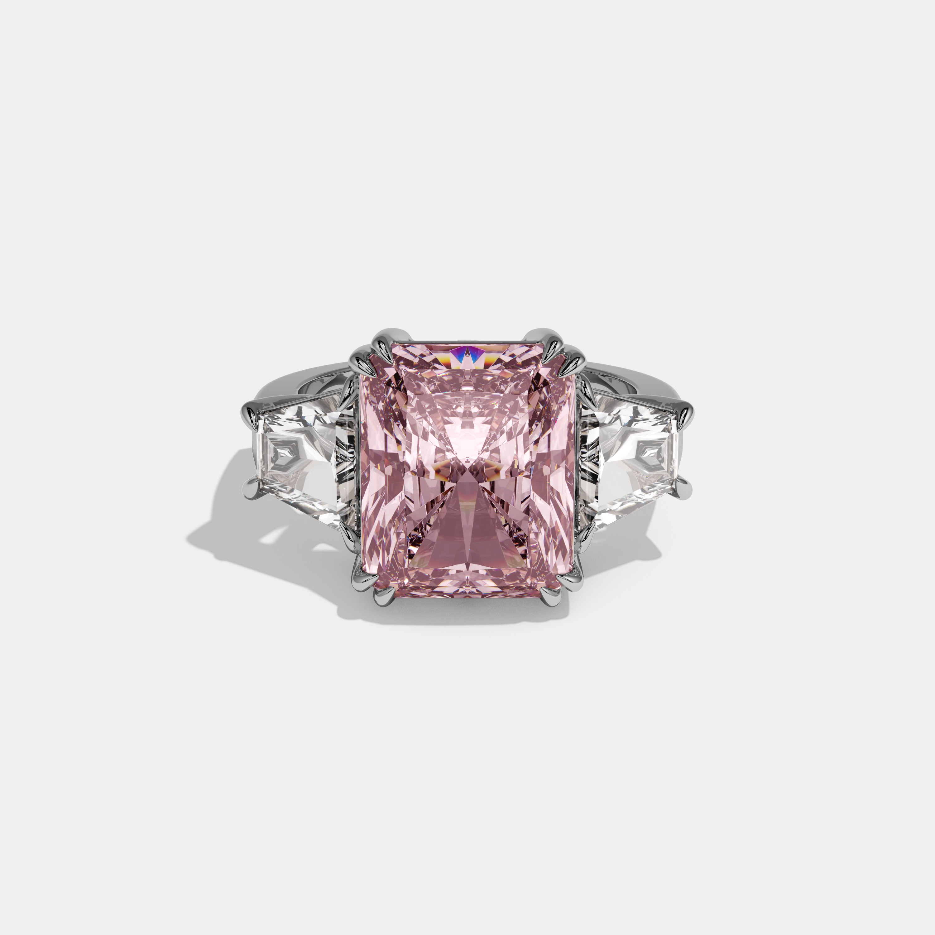 Beatrice Fancy Pink Radiant Cut Diamond Plain Band With Trapezoid Sides Engagement Ring 7ct 18K White Gold