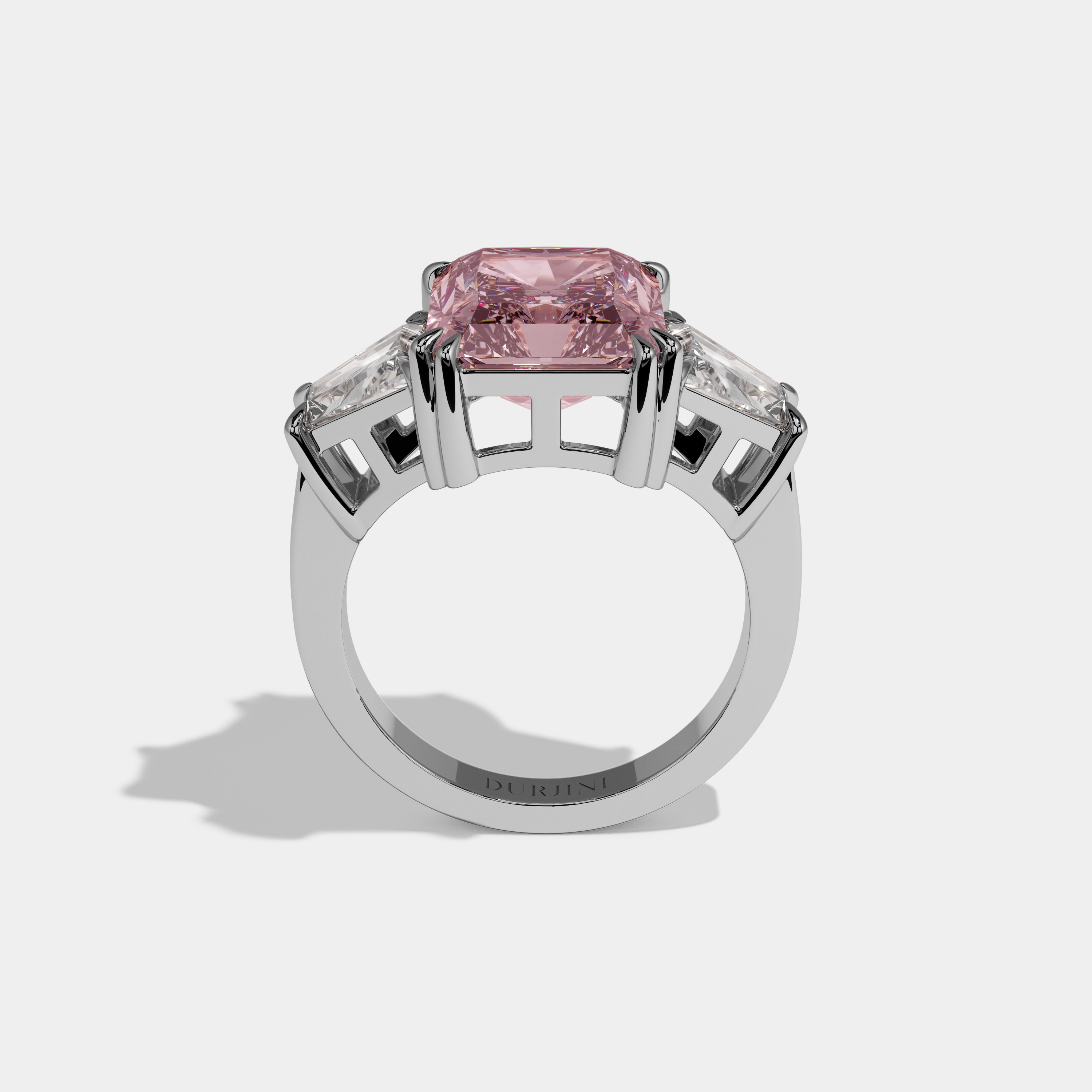 Beatrice Fancy Pink Radiant Cut Diamond Plain Band With Trapezoid Sides Engagement Ring 7ct 18K White Gold