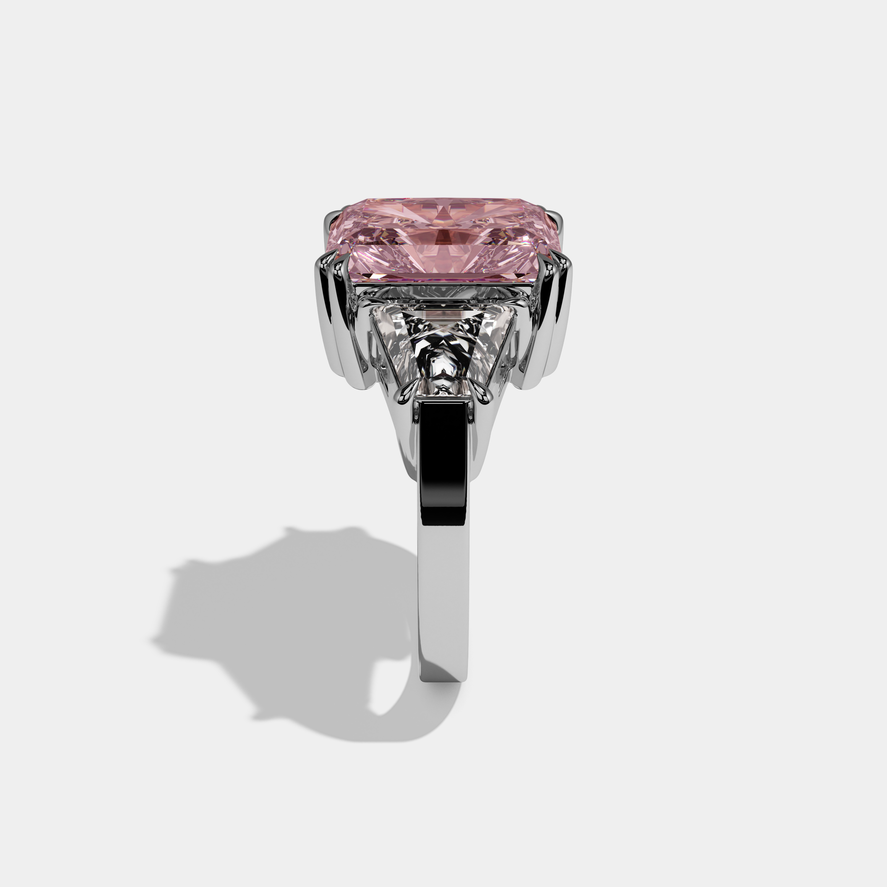 Beatrice Fancy Pink Radiant Cut Diamond Plain Band With Trapezoid Sides Engagement Ring 7ct 18K White Gold
