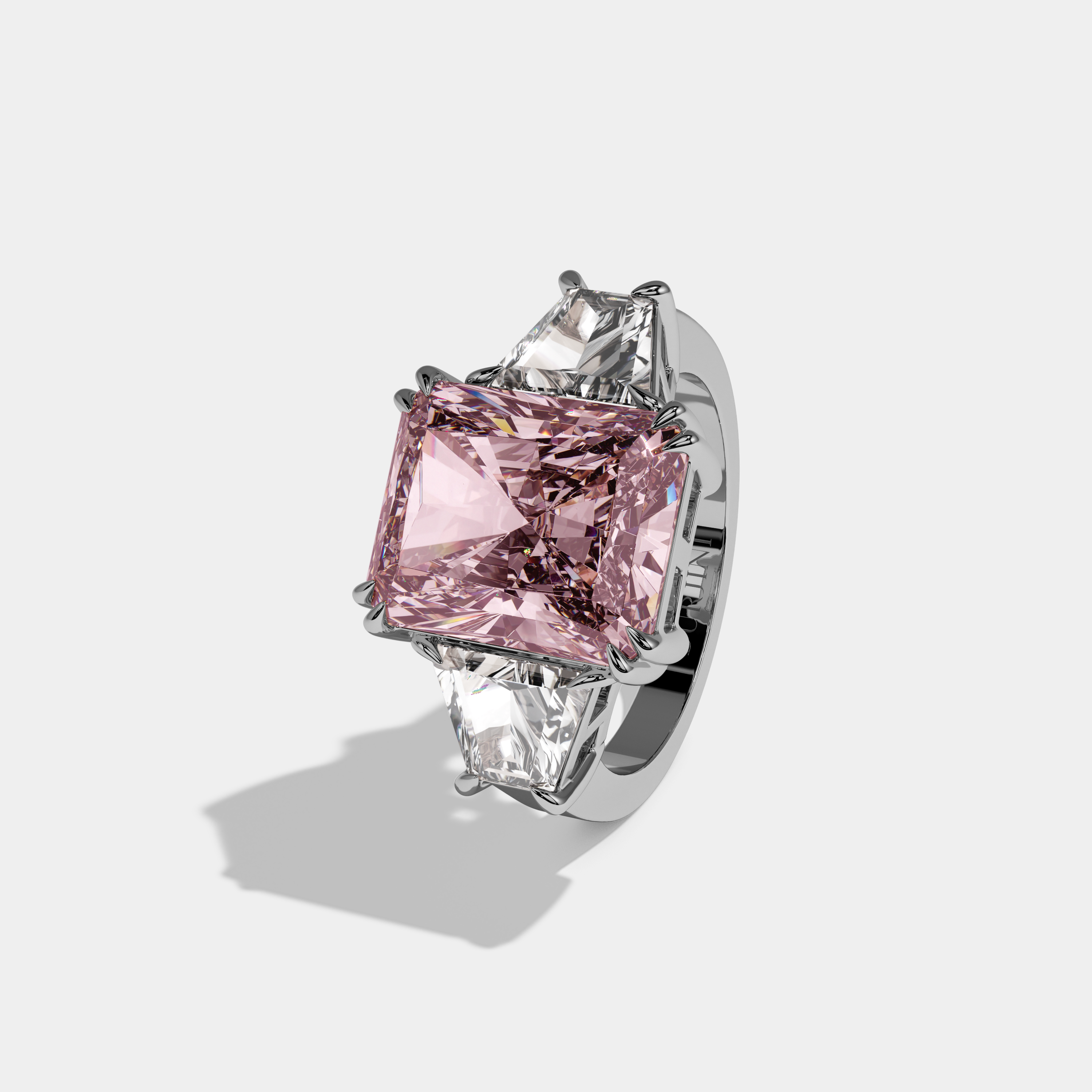 Beatrice Fancy Pink Radiant Cut Diamond Plain Band With Trapezoid Sides Engagement Ring 7ct 18K White Gold