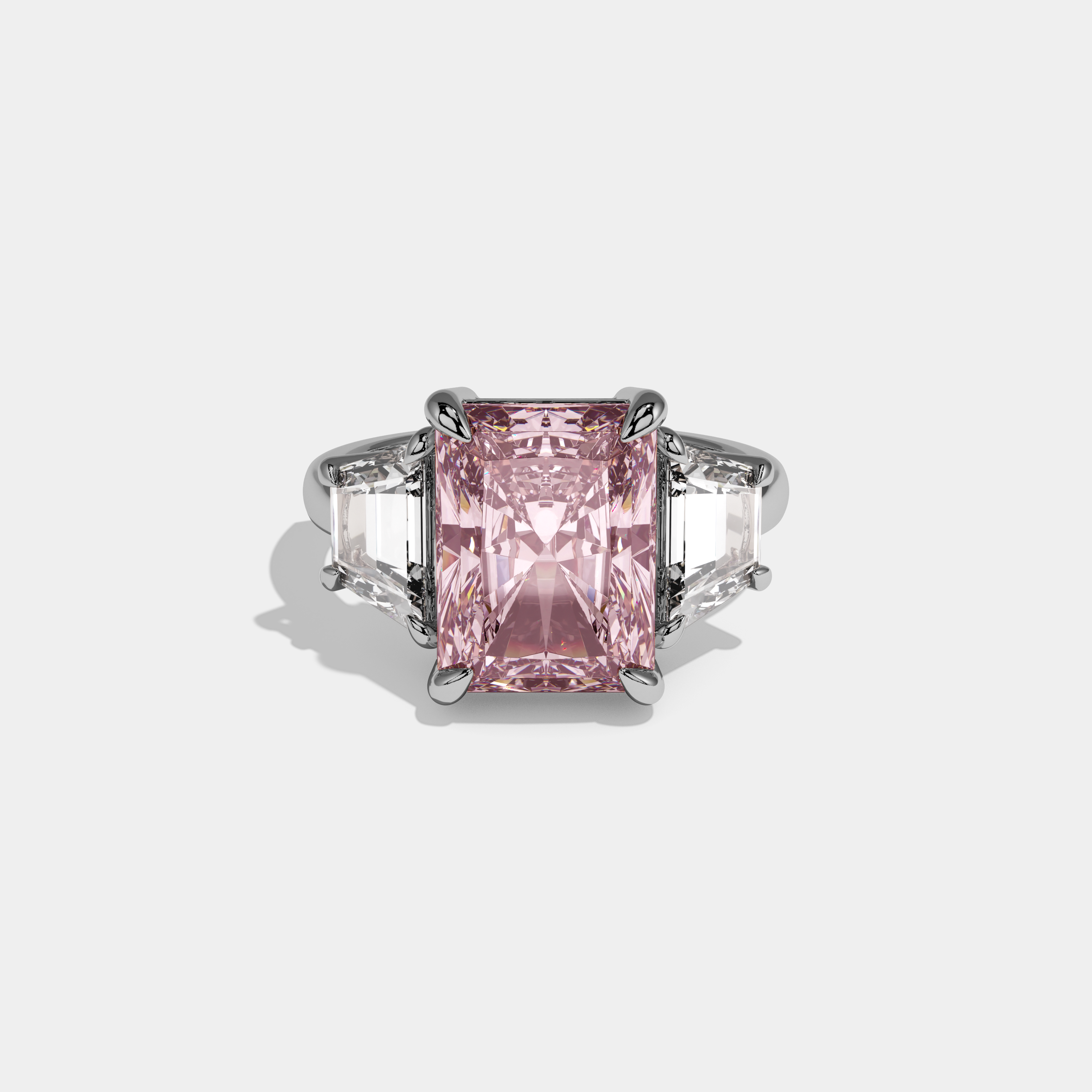 Victoria Fancy Pink Radiant Cut Diamond Plain Band With Step Cut Sides Engagement Ring 8ct 18K White Gold