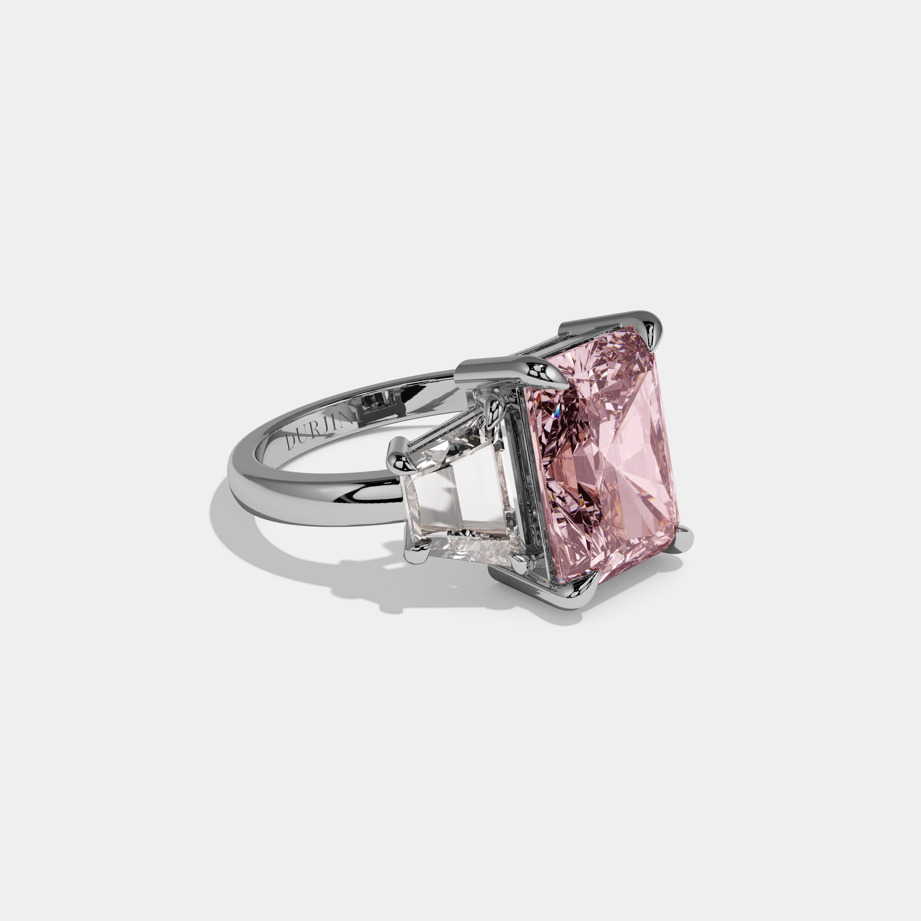 Victoria Fancy Pink Radiant Cut Diamond Plain Band With Step Cut Sides Engagement Ring 8ct 18K White Gold