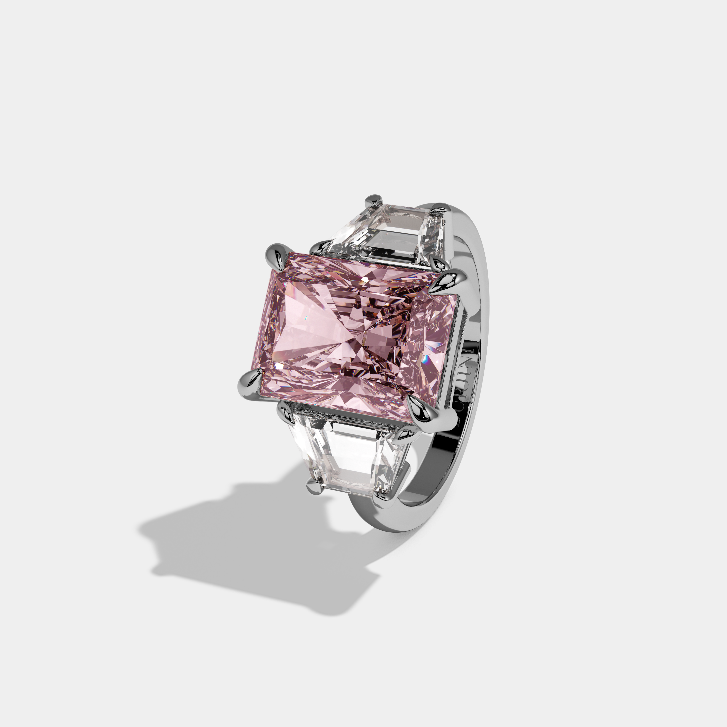 Victoria Fancy Pink Radiant Cut Diamond Plain Band With Step Cut Sides Engagement Ring 8ct 18K White Gold