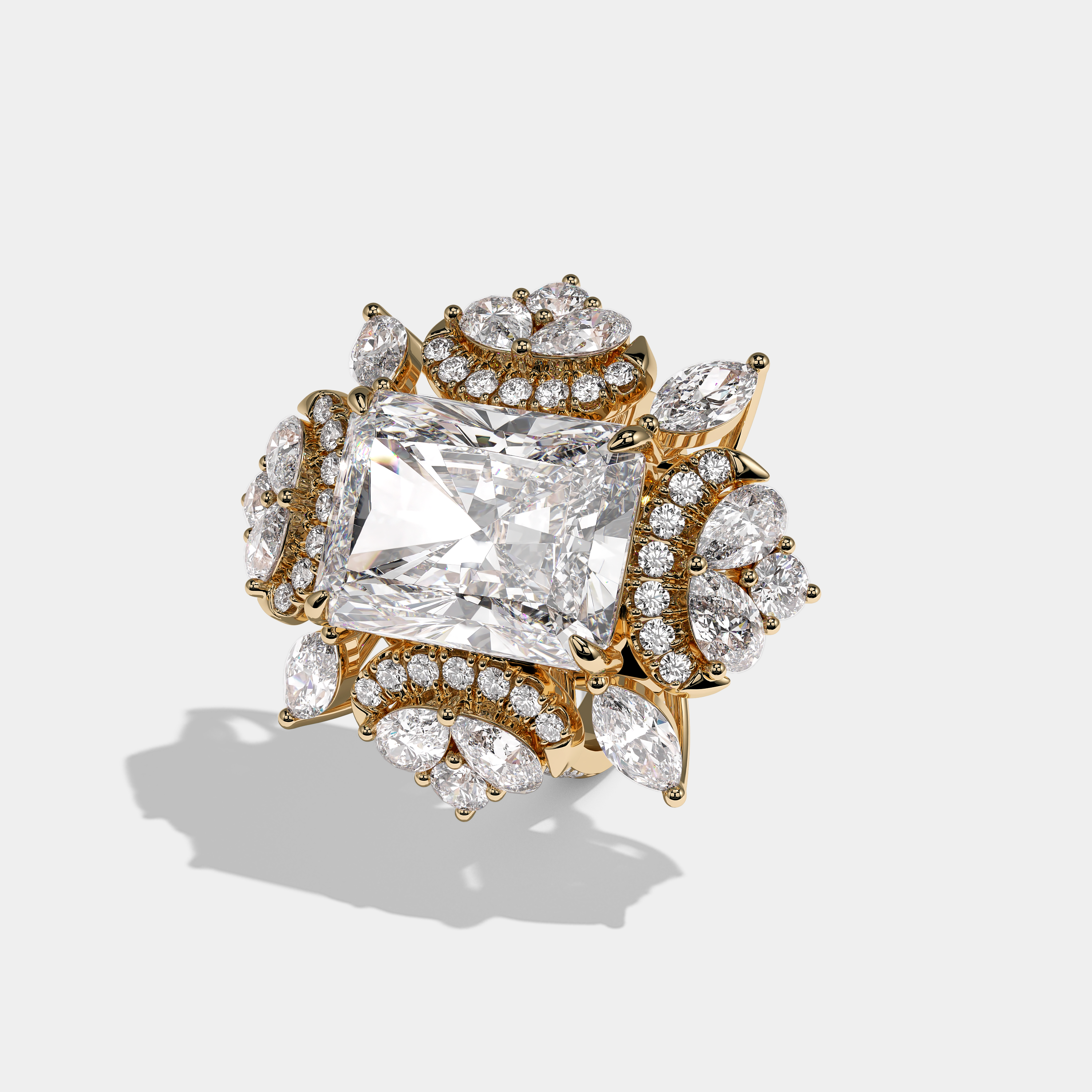 Victoria Elegance Diamond Radiant Halo Engagement Ring 18K Yellow Gold 40.00ct