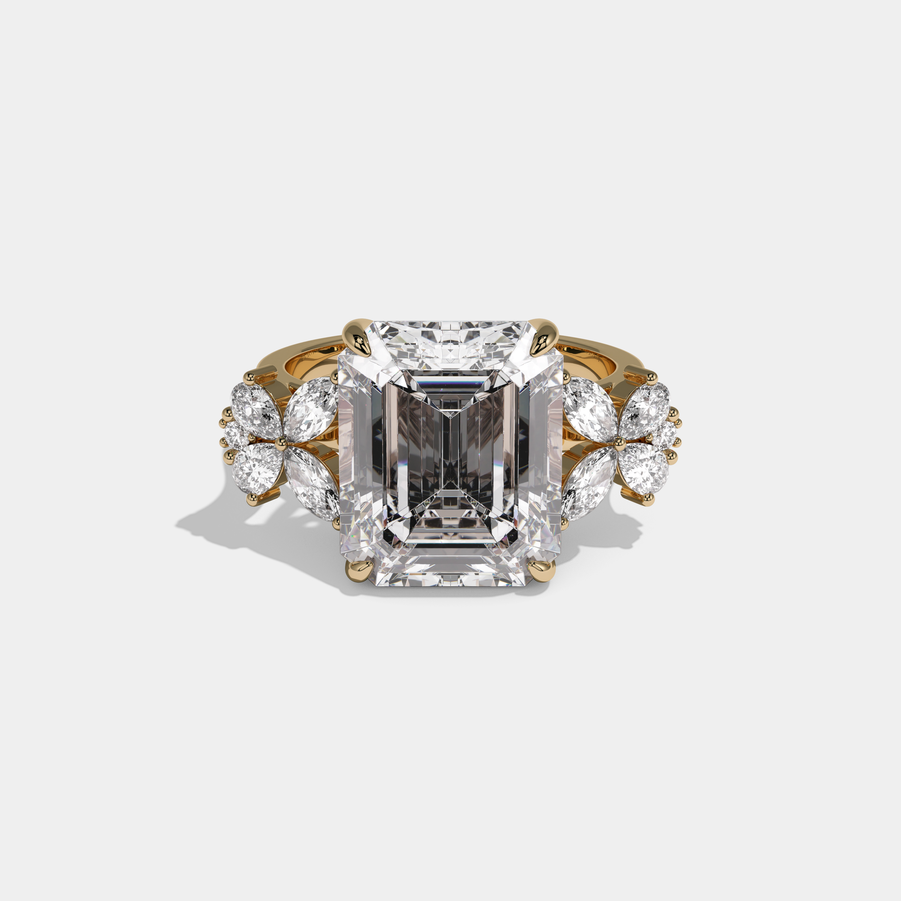 Eugenie Emerald Cut Diamond Halo With Butterfly Side Diamond Band Engagement Ring 10ct 18K Yellow Gold