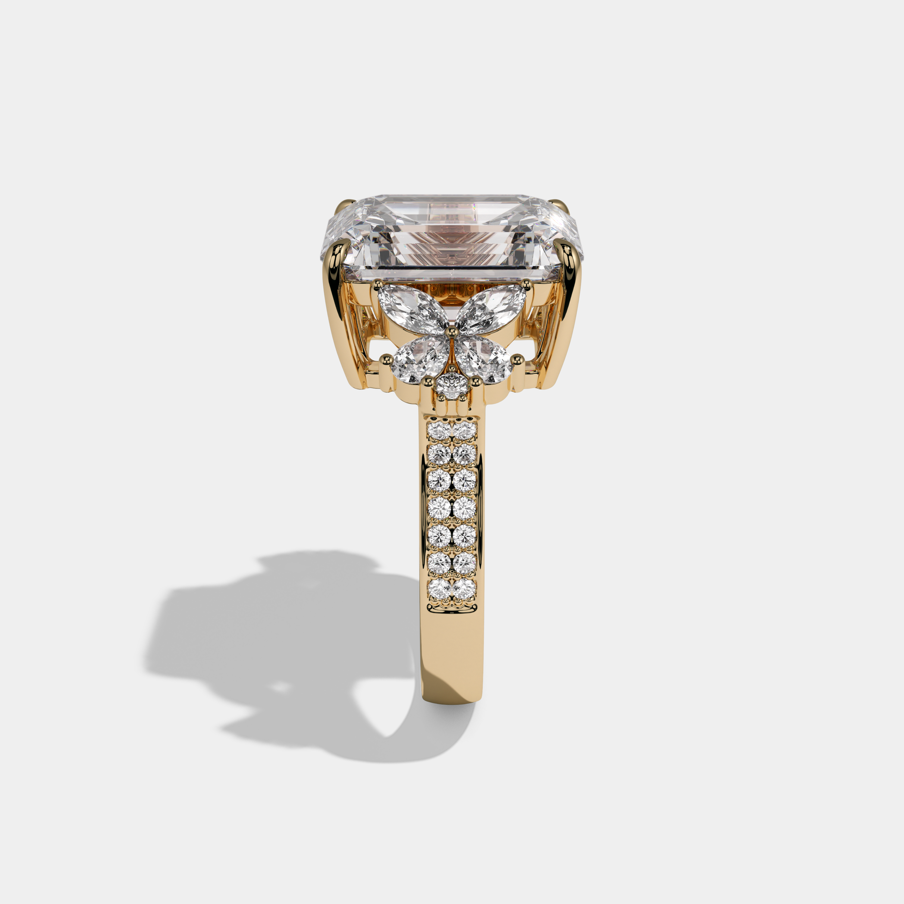 Eugenie Emerald Cut Diamond Halo With Butterfly Side Diamond Band Engagement Ring 10ct 18K Yellow Gold