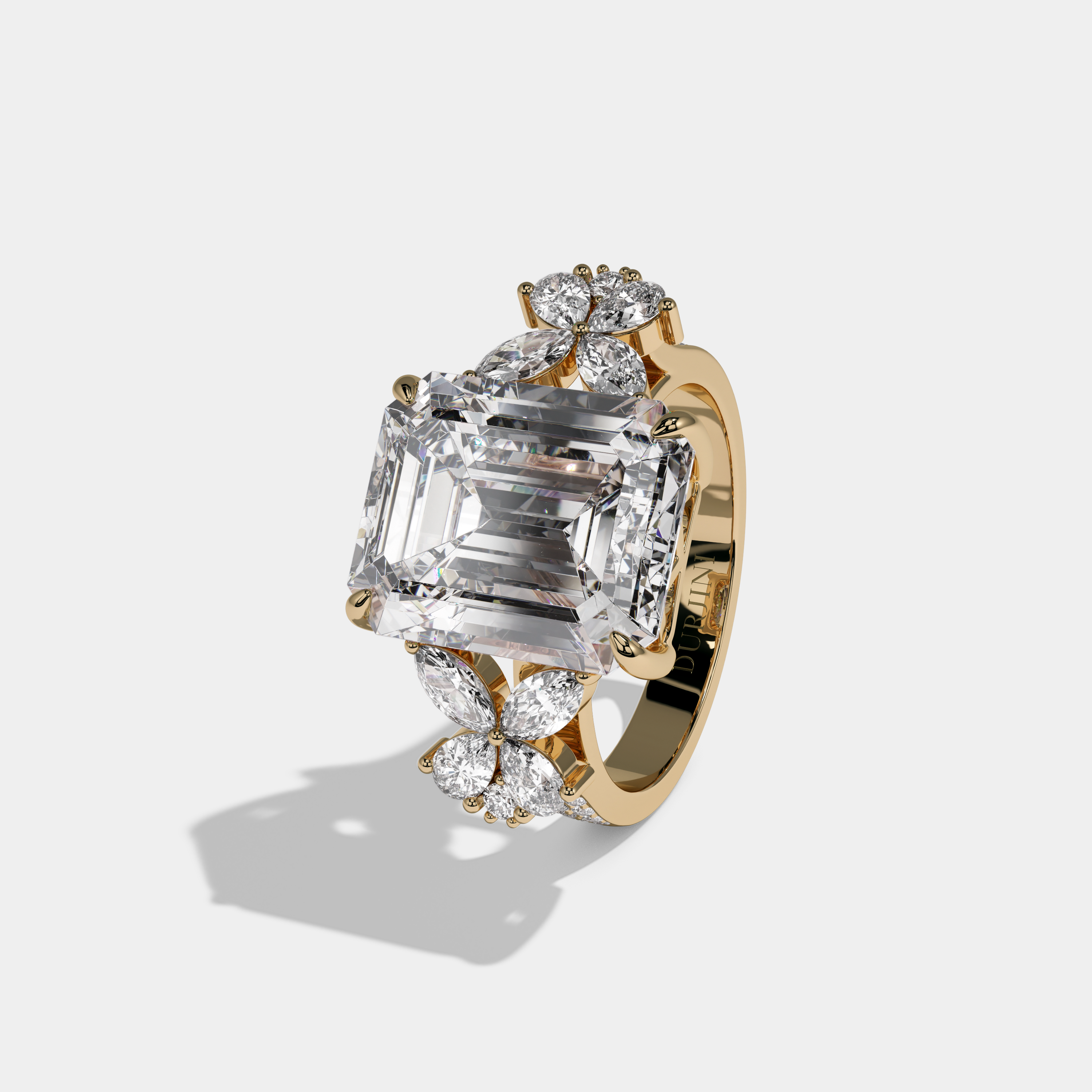 Eugenie Emerald Cut Diamond Halo With Butterfly Side Diamond Band Engagement Ring 10ct 18K Yellow Gold