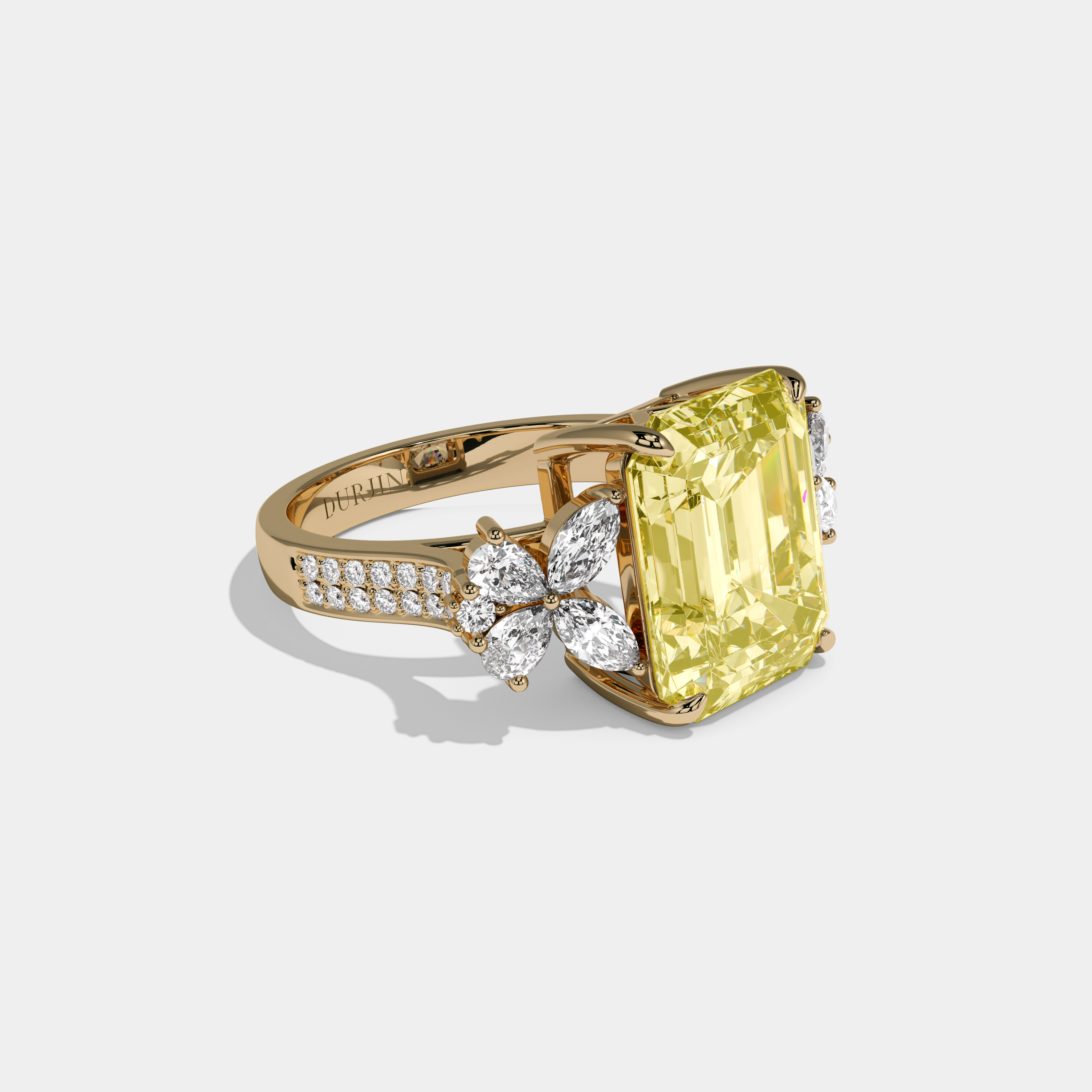 Beatrice Fancy Yellow Emerald Cut Diamond Halo With Butterfly Side Diamond Band Engagement Ring 10ct 18k Yellow Gold