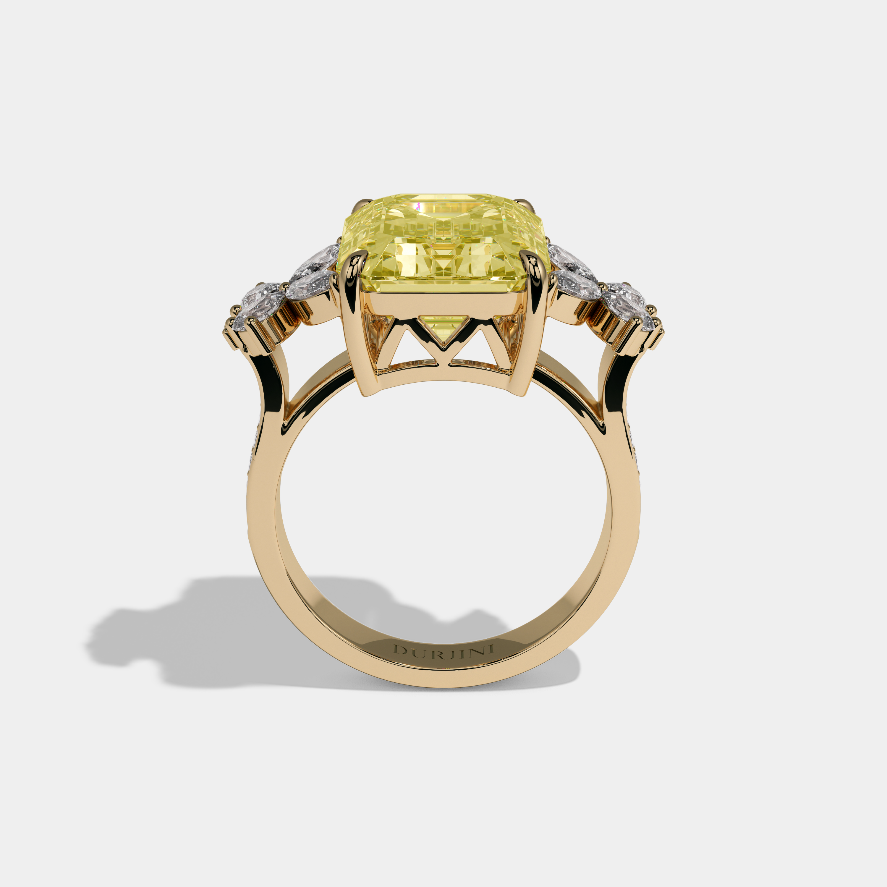 Beatrice Fancy Yellow Emerald Cut Diamond Halo With Butterfly Side Diamond Band Engagement Ring 10ct 18k Yellow Gold