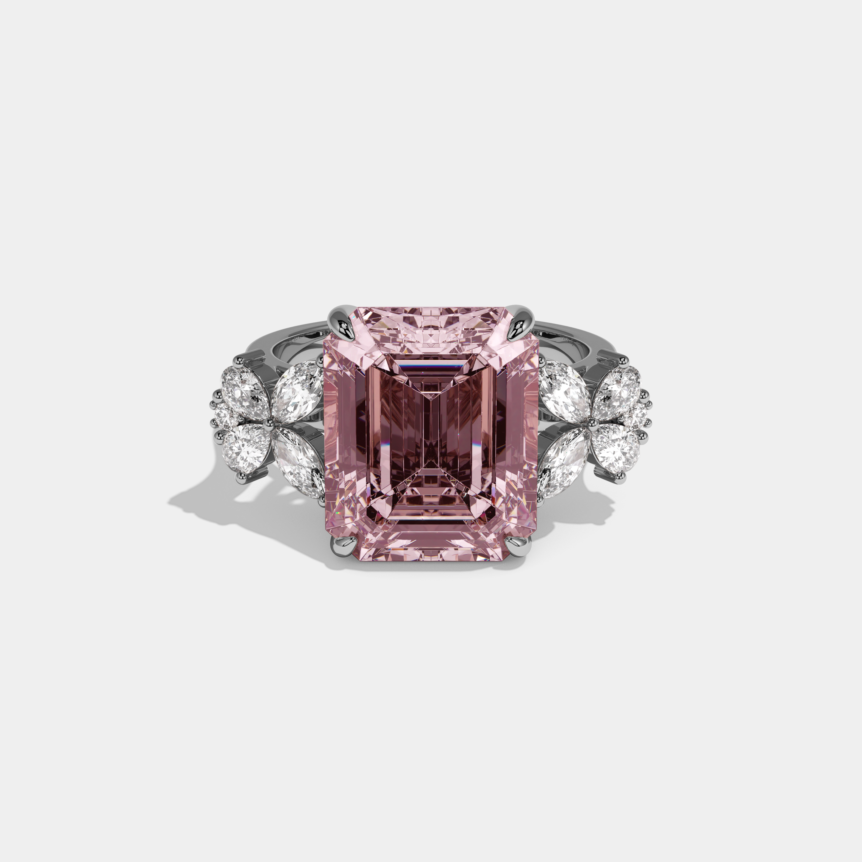 Victoria Fancy Pink Emerald Cut Diamond Band Engagement Ring With Butterfly Sides 9ct 18K White Gold