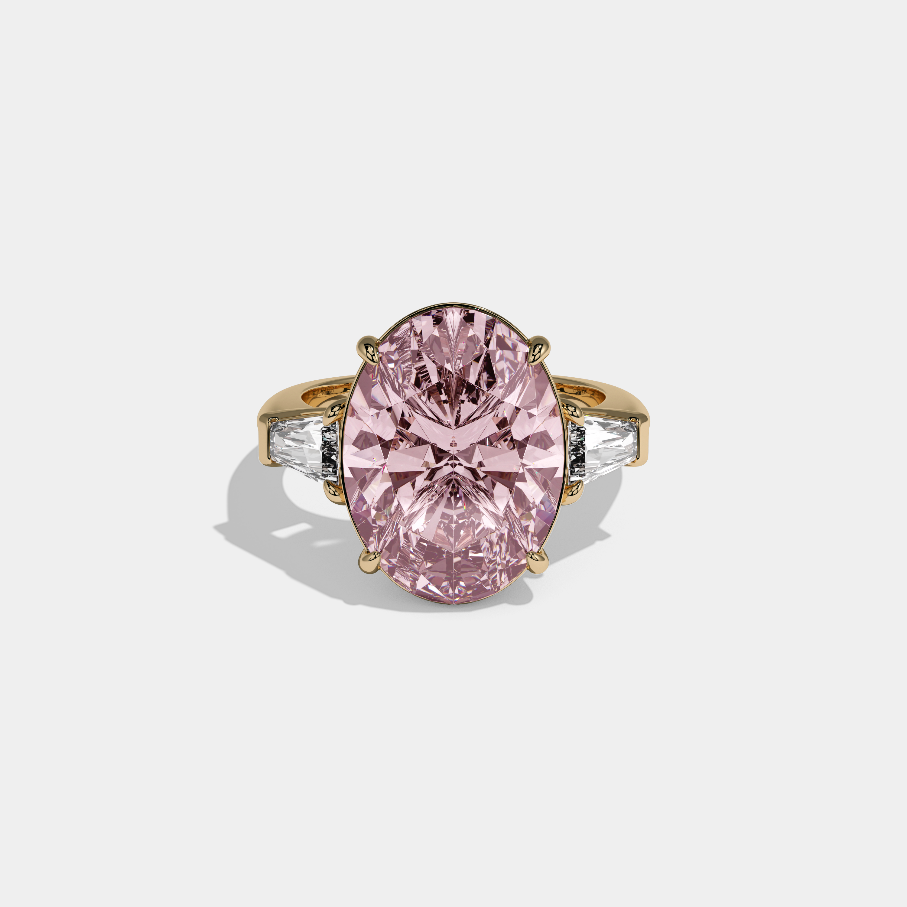 Helena Fancy Pink Oval Cut Diamond Plain Band With Tapered Baguette Cut Sides Engagement Ring 8ct 18K Yellow Gold